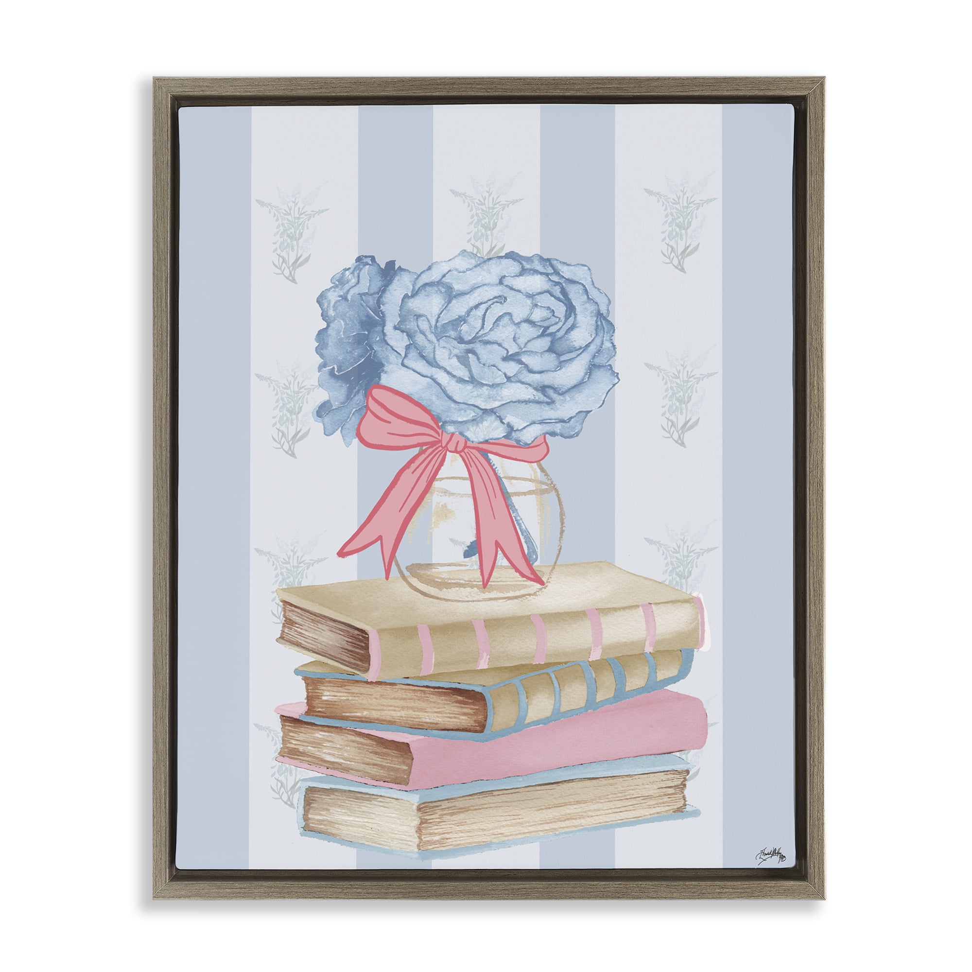Stupell Industries Stacked Books & Blue Hydrangeas Brown Framed Floater Canvas Wall Art, design by Elizabeth Medley