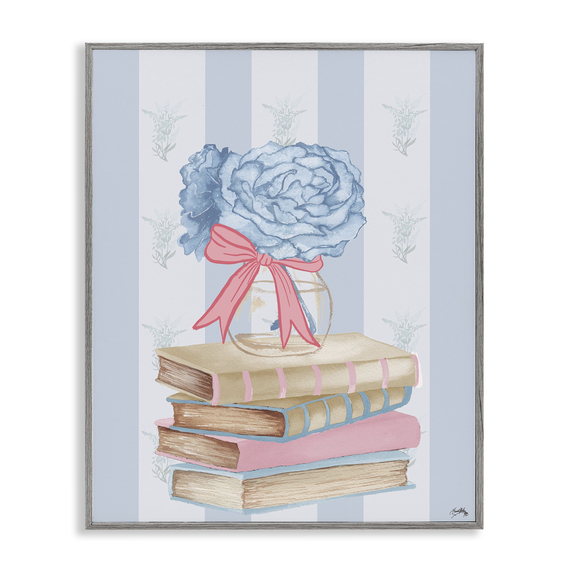 Stupell Industries Stacked Books & Blue Hydrangeas Gray Framed Giclee Art, design by Elizabeth Medley