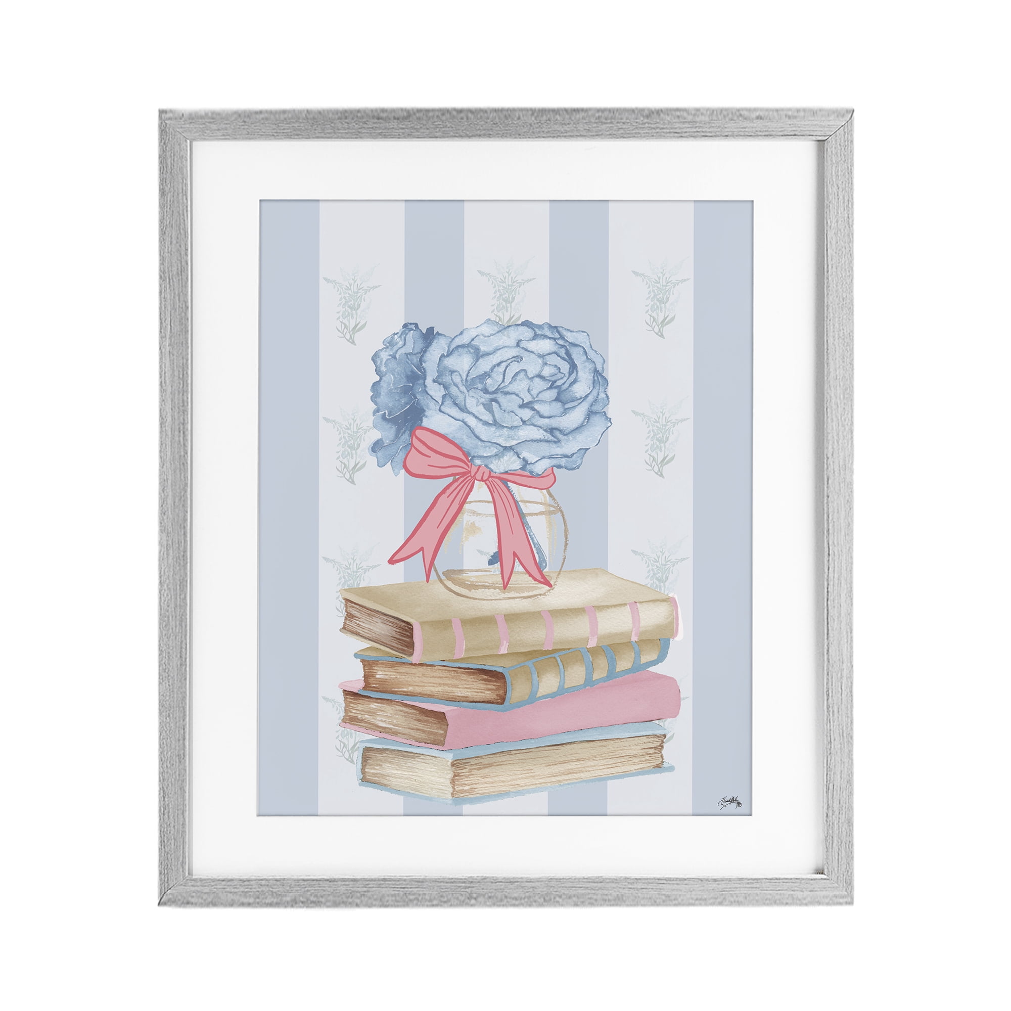 Stupell Industries Stacked Books & Blue Hydrangeas Gray Framed Print Under Glass, design by Elizabeth Medley
