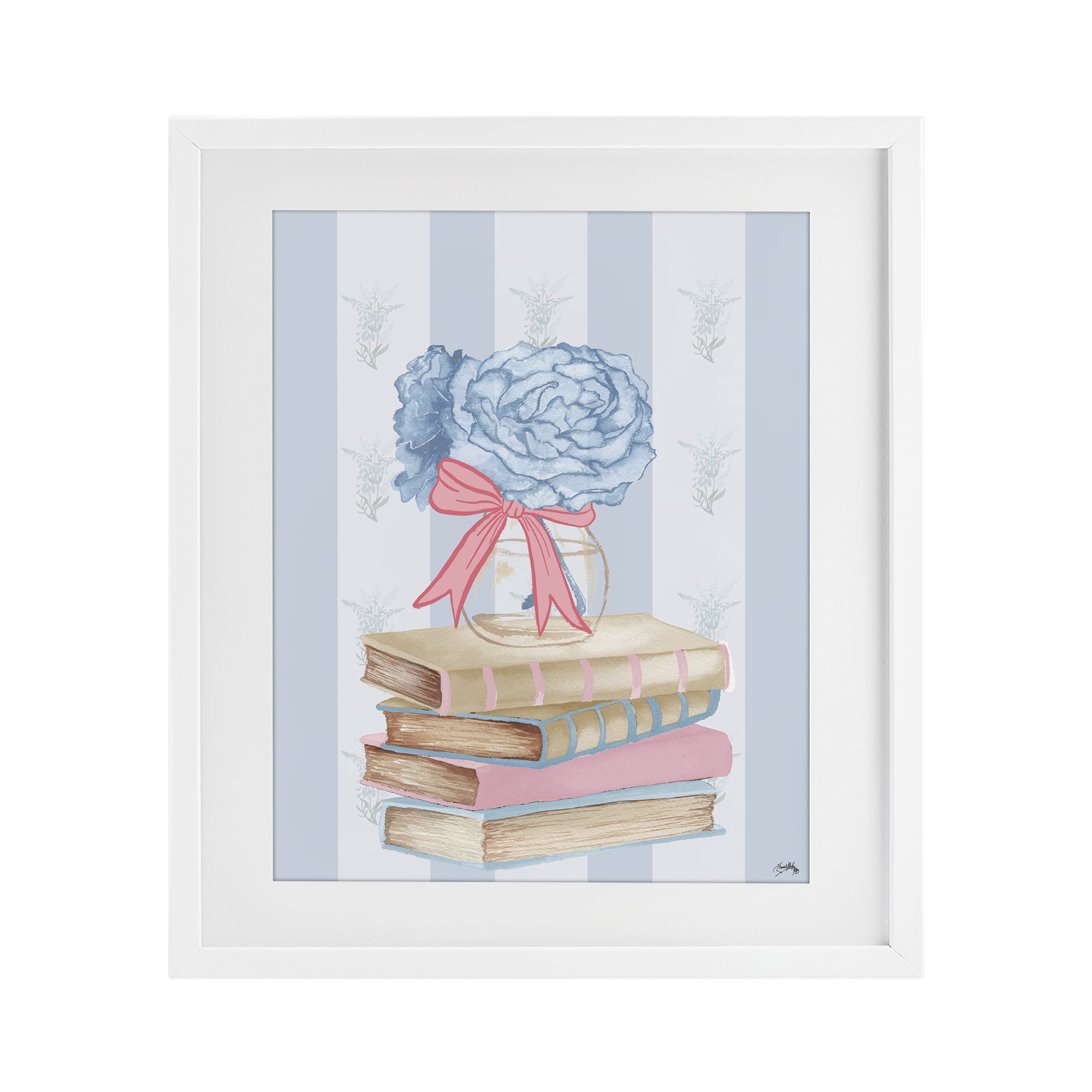 Stupell Industries Stacked Books & Blue Hydrangeas White Framed Print Under Glass, design by Elizabeth Medley
