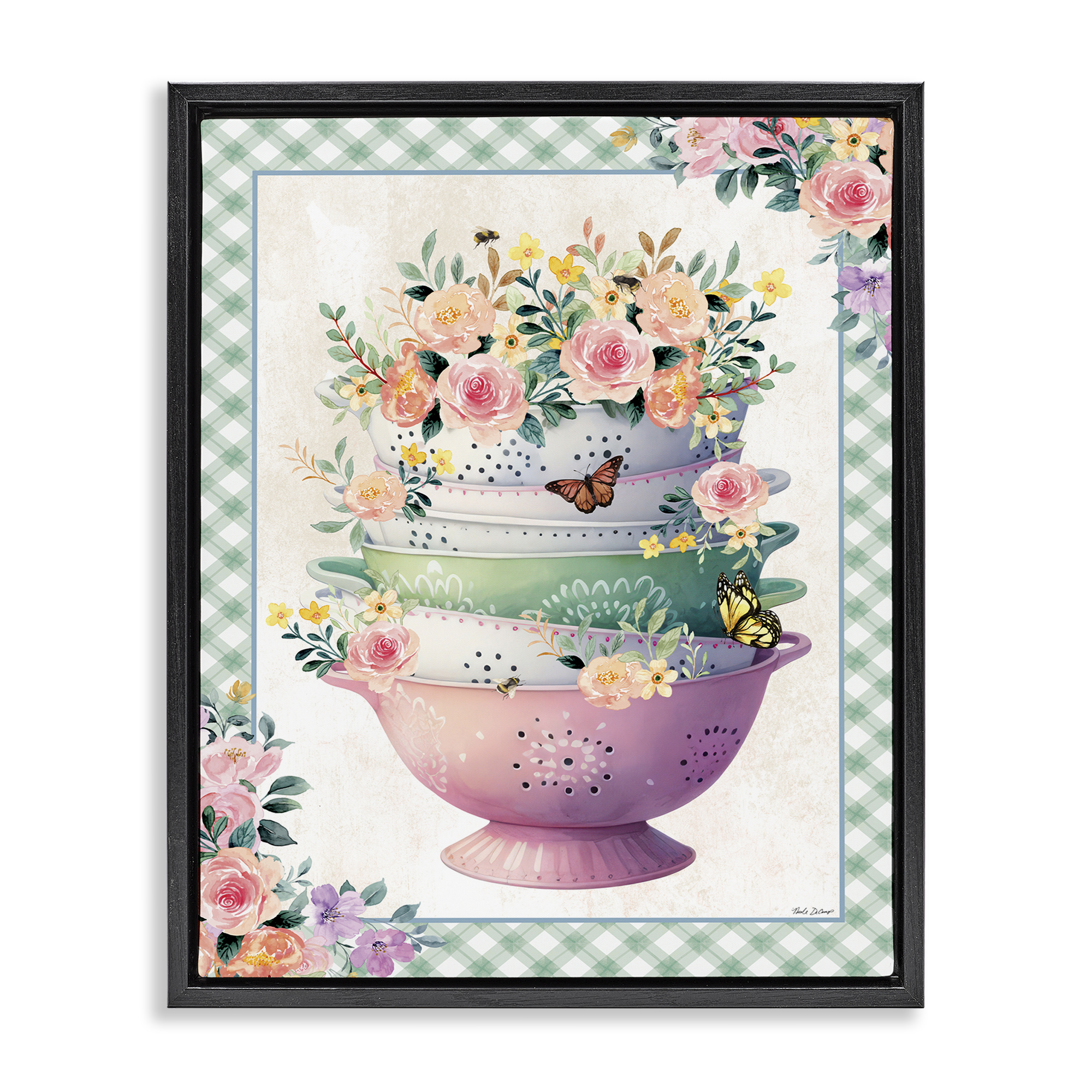 Stupell Industries Stacked Bowls Plaid Border Food & Beverage Painting Black Floater Framed Canvas Art Print Wall Art, 25 x 31