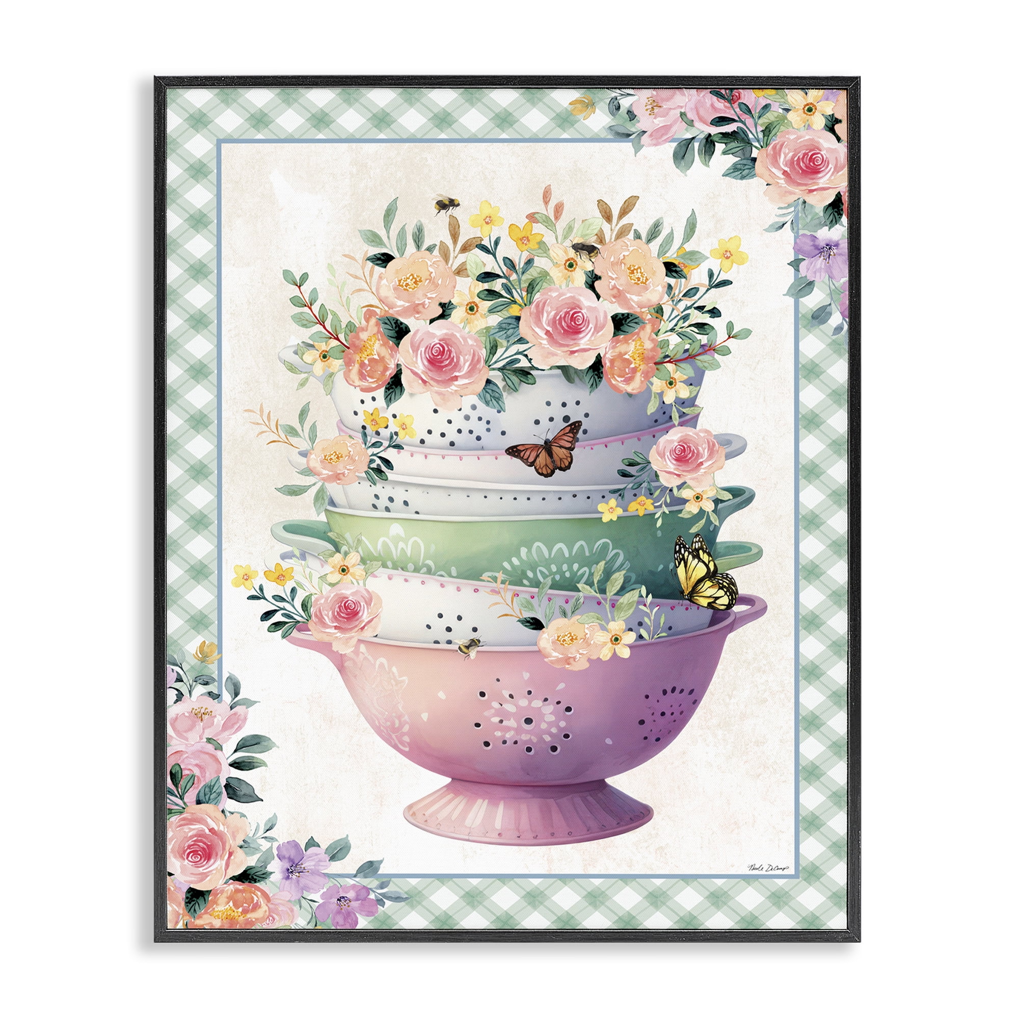 Stupell Industries Stacked Bowls Plaid Border Food & Beverage Painting Black Framed Art Print Wall Art, 16 x 20