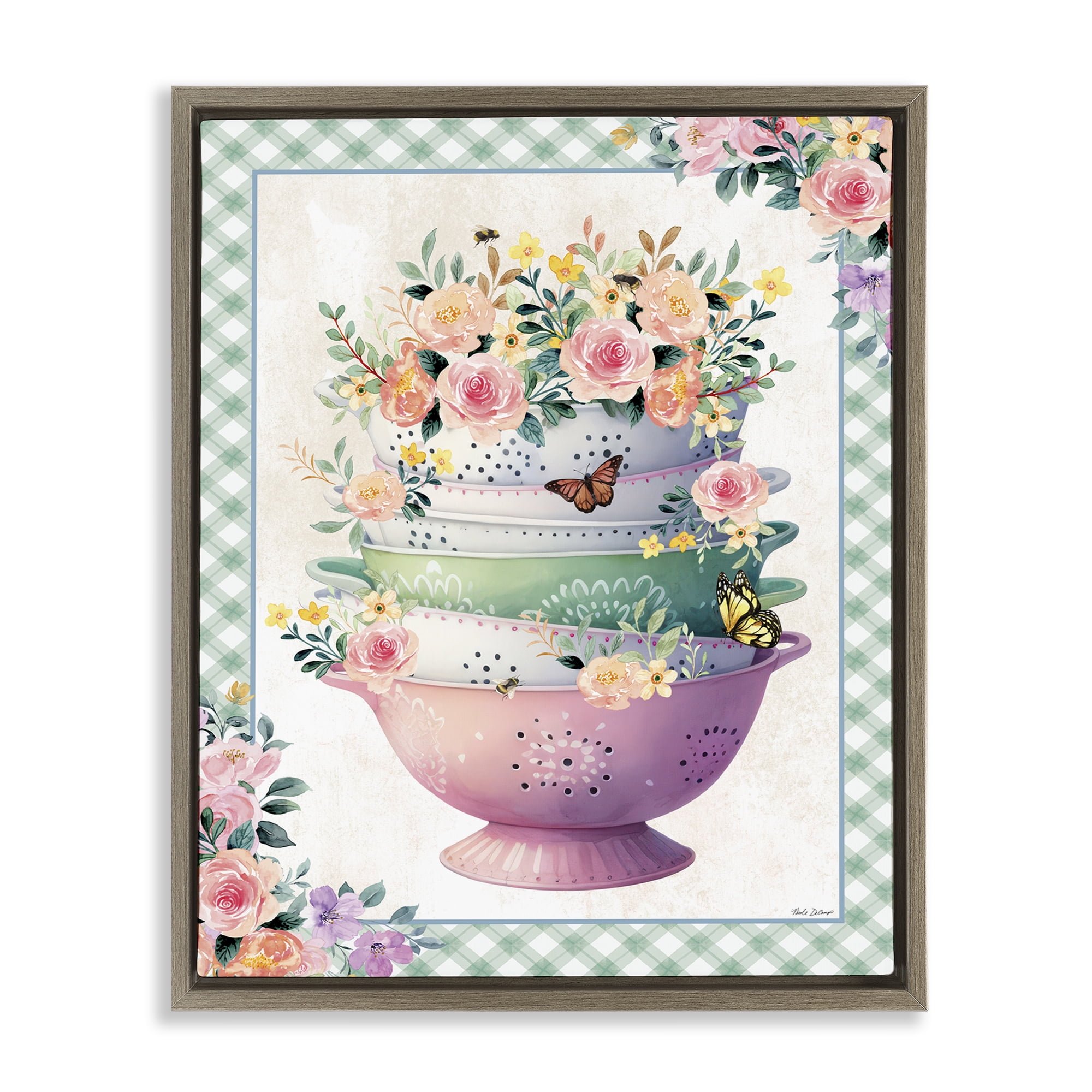Stupell Industries Stacked Bowls Plaid Border Food & Beverage Painting Brown Floater Framed Canvas Art Print Wall Art, 25 x 31