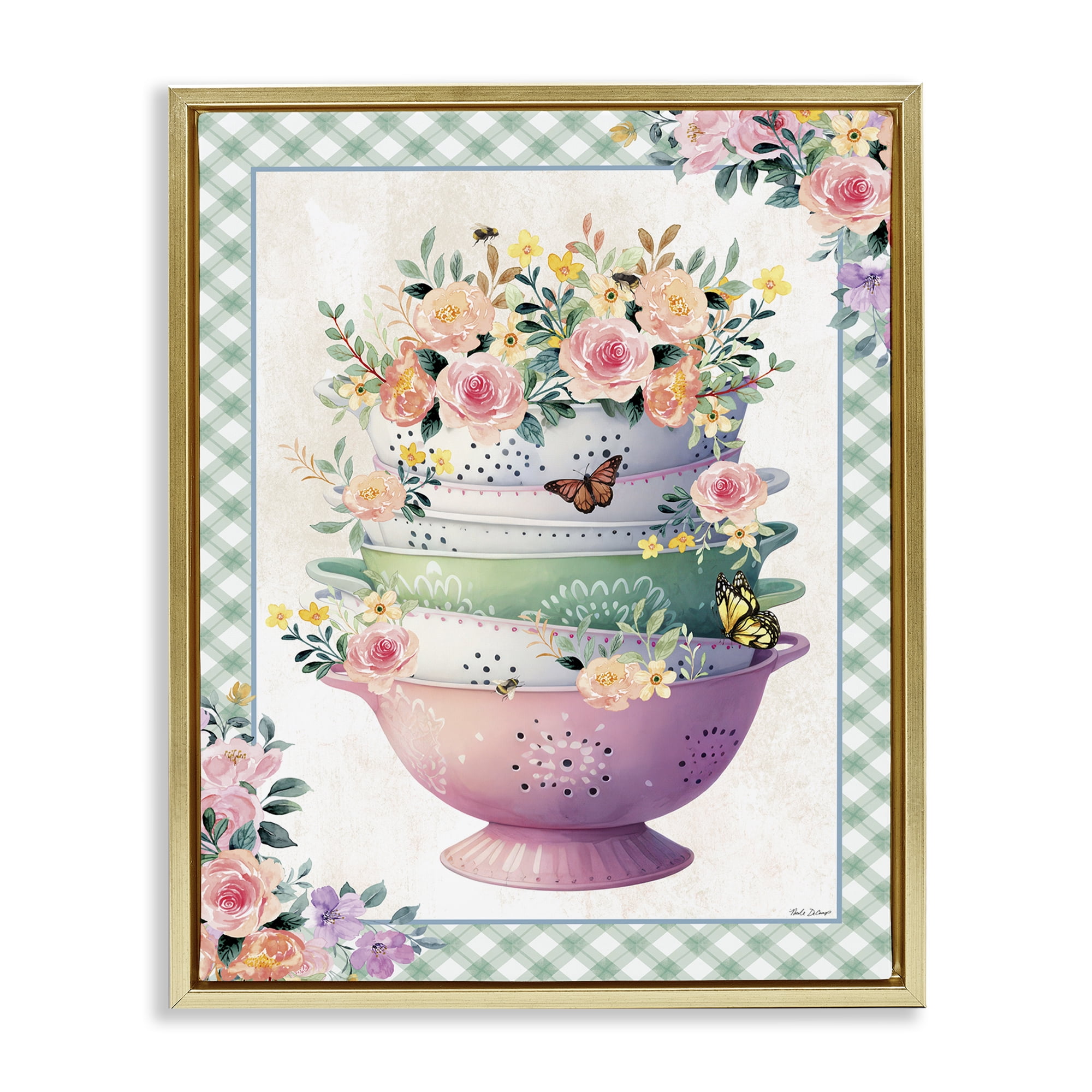 Stupell Industries Stacked Bowls Plaid Border Food & Beverage Painting Gold Floater Framed Canvas Art Print Wall Art, 25 x 31