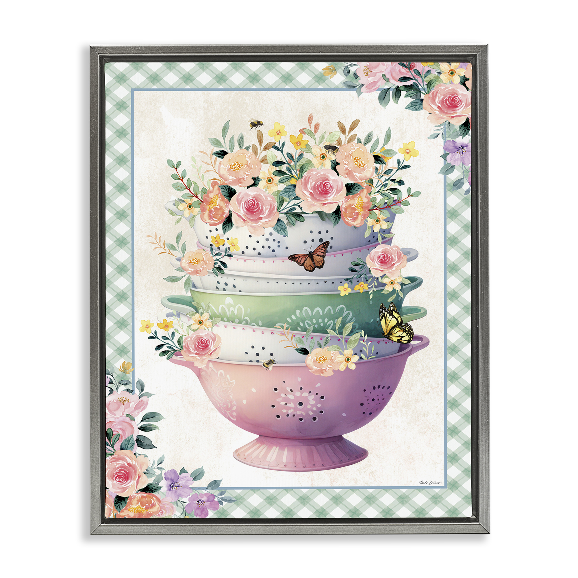 Stupell Industries Stacked Bowls Plaid Border Food & Beverage Painting Gray Floater Framed Canvas Art Print Wall Art, 25 x 31