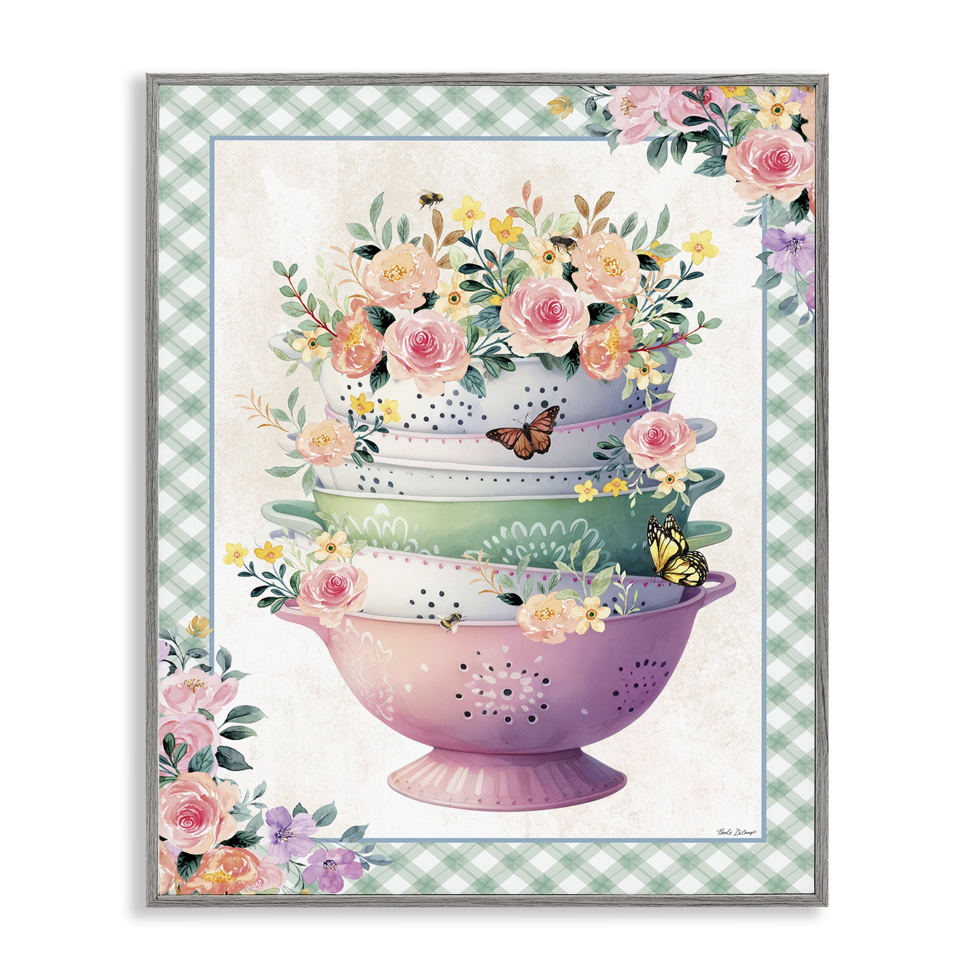 Stupell Industries Stacked Bowls Plaid Border Food & Beverage Painting Gray Framed Art Print Wall Art, 11 x 14