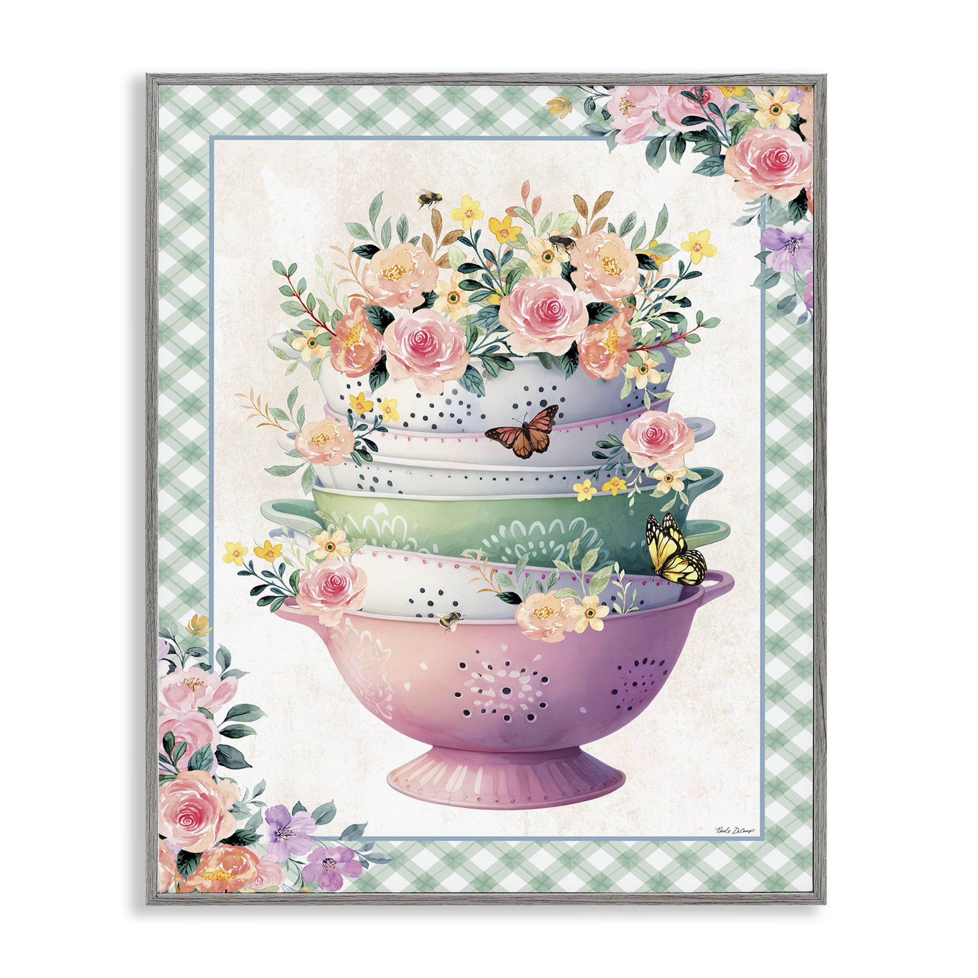 Stupell Industries Stacked Bowls Plaid Border Food & Beverage Painting Gray Framed Art Print Wall Art, 16 x 20