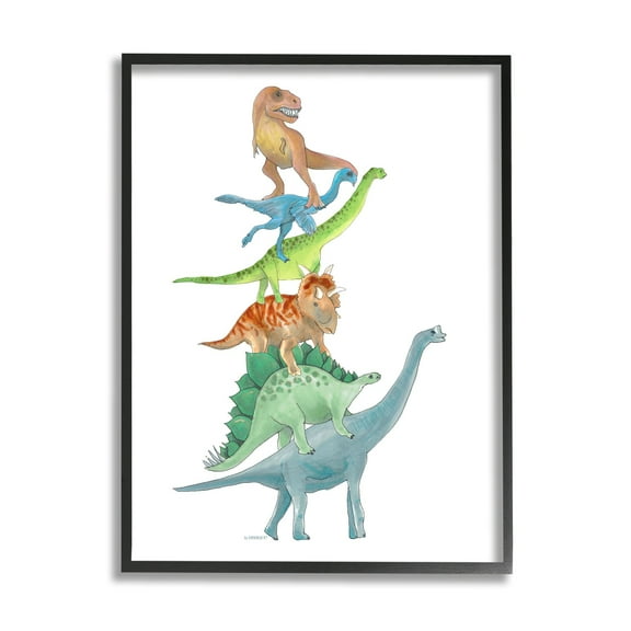 Stupell Industries Stacked Dinosaurs Balancing T-Rex Stegosaurus Illustration Graphic Art Black Framed Art Print Wall Art, Design by Dishique
