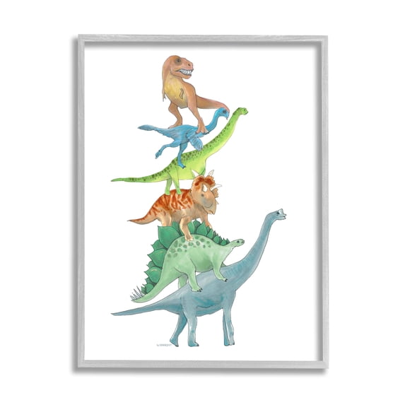 Stupell Industries Stacked Dinosaurs Balancing T-Rex Stegosaurus Illustration Graphic Art Gray Framed Art Print Wall Art, Design by Dishique
