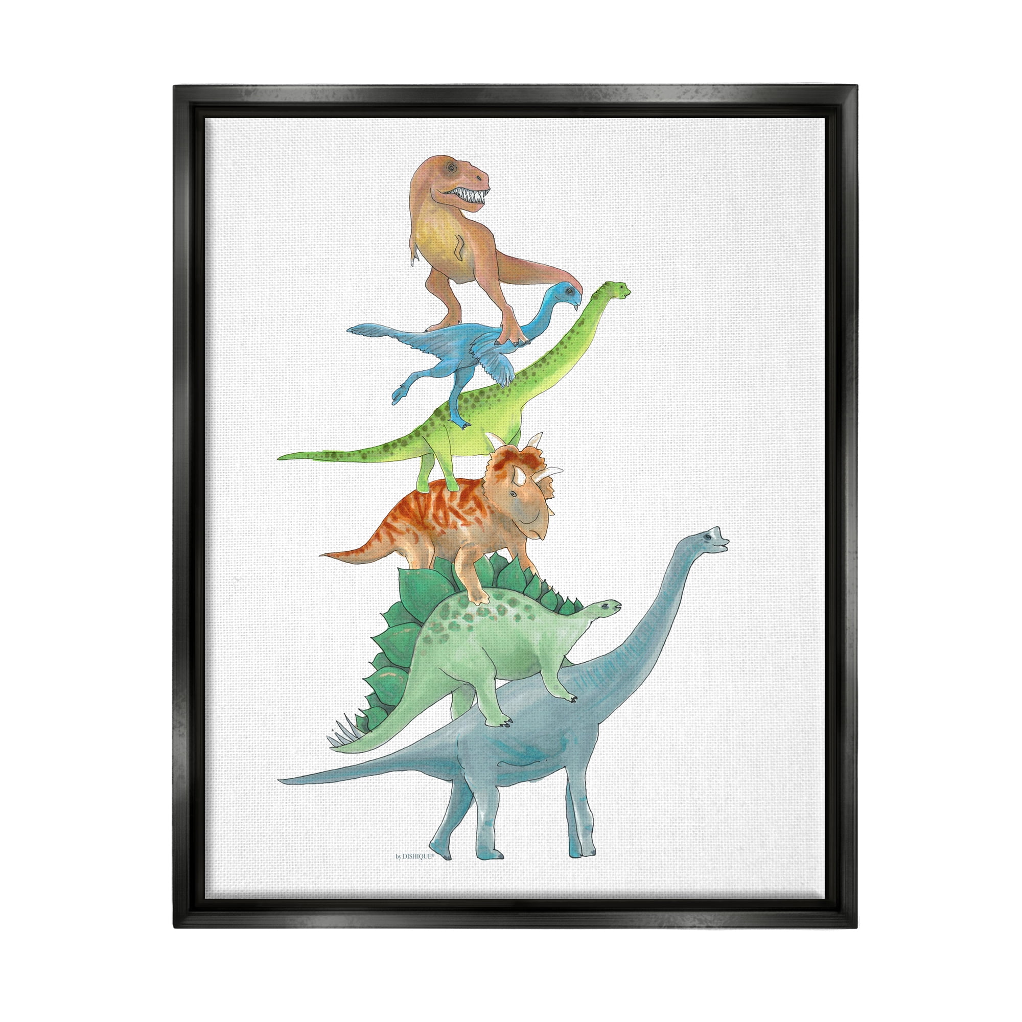Stupell Industries Stacked Dinosaurs Balancing T-Rex Stegosaurus Illustration Graphic Art Jet Black Floating Framed Canvas Print Wall Art, Design by Dishique