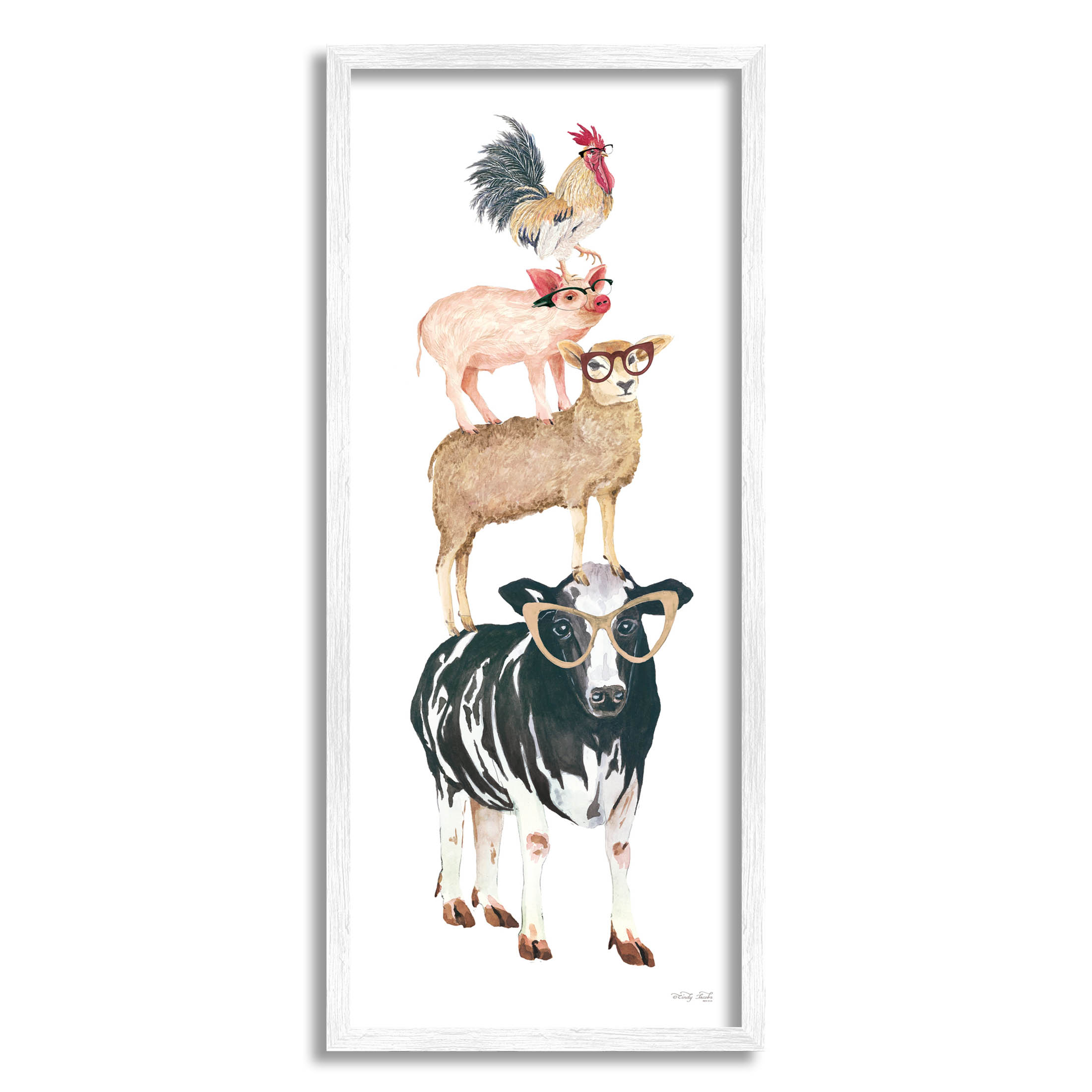 Stupell Industries Stacked Farm Animals Wearing Glasses Graphic Art White Framed Art Print Wall Art, Design by Cindy Jacobs