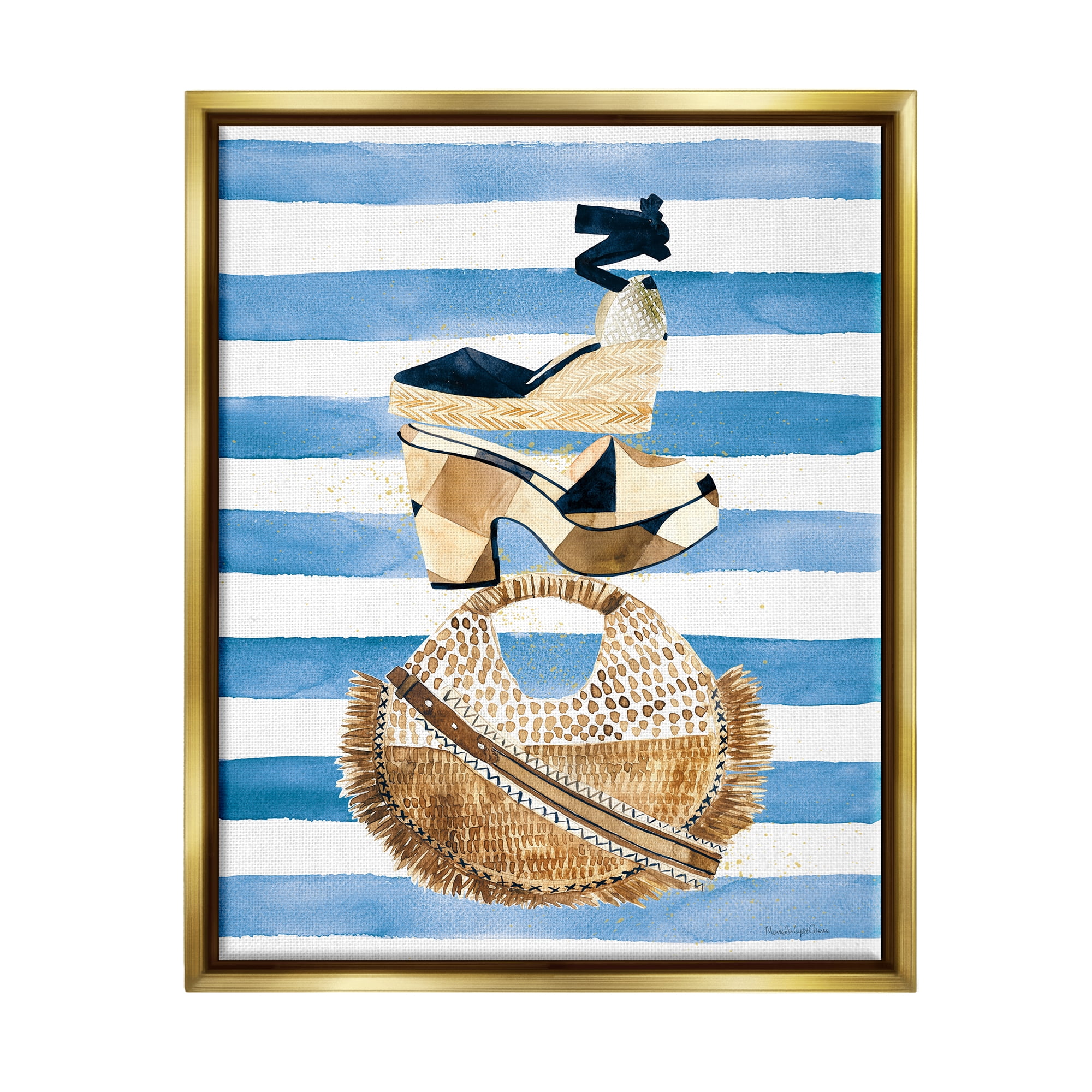 Stupell Industries Stacked Fashion Shoes Beauty & Fashion Painting Gold Floater Framed Art Print Wall Art, 17 x 21