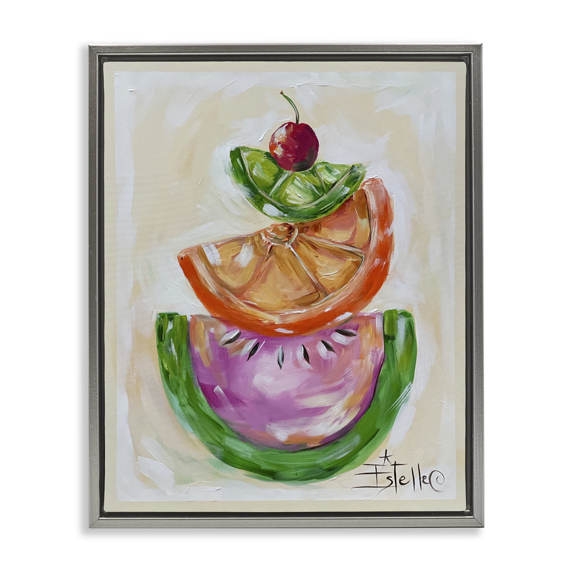 Stupell Industries Stacked Fruit Slices Food & Beverage Painting Gray Floater Framed Canvas Art Print Wall Art, 25 x 31