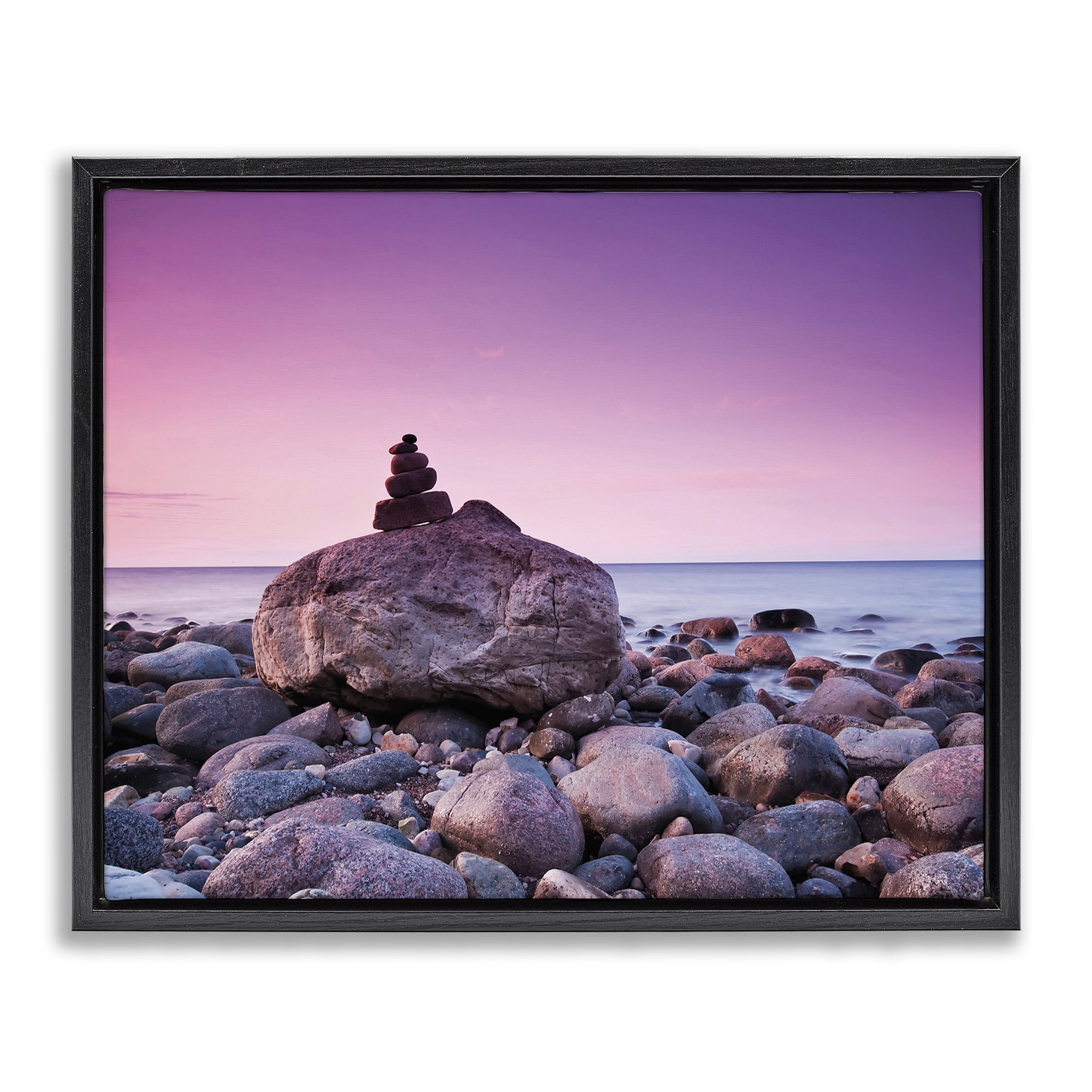 Stupell Industries Stacked Rocks on Shore Nautical & Beach Photography Black Floater Framed Canvas Art Print Wall Art, 31 x 25