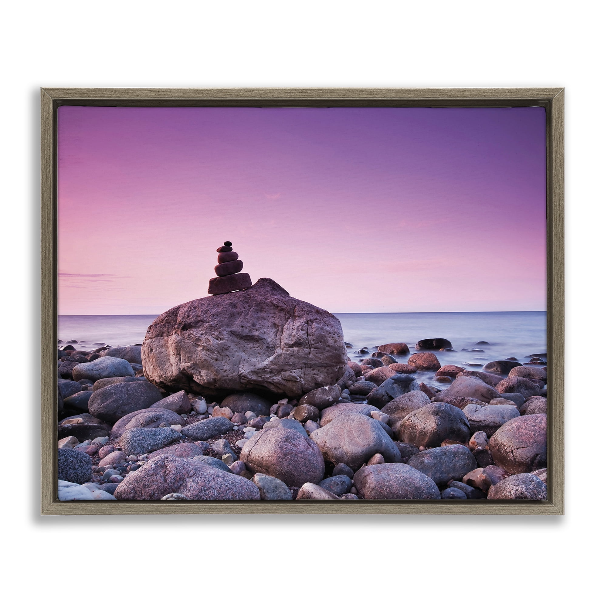 Stupell Industries Stacked Rocks on Shore Nautical & Beach Photography Brown Floater Framed Canvas Art Print Wall Art, 21 x 17