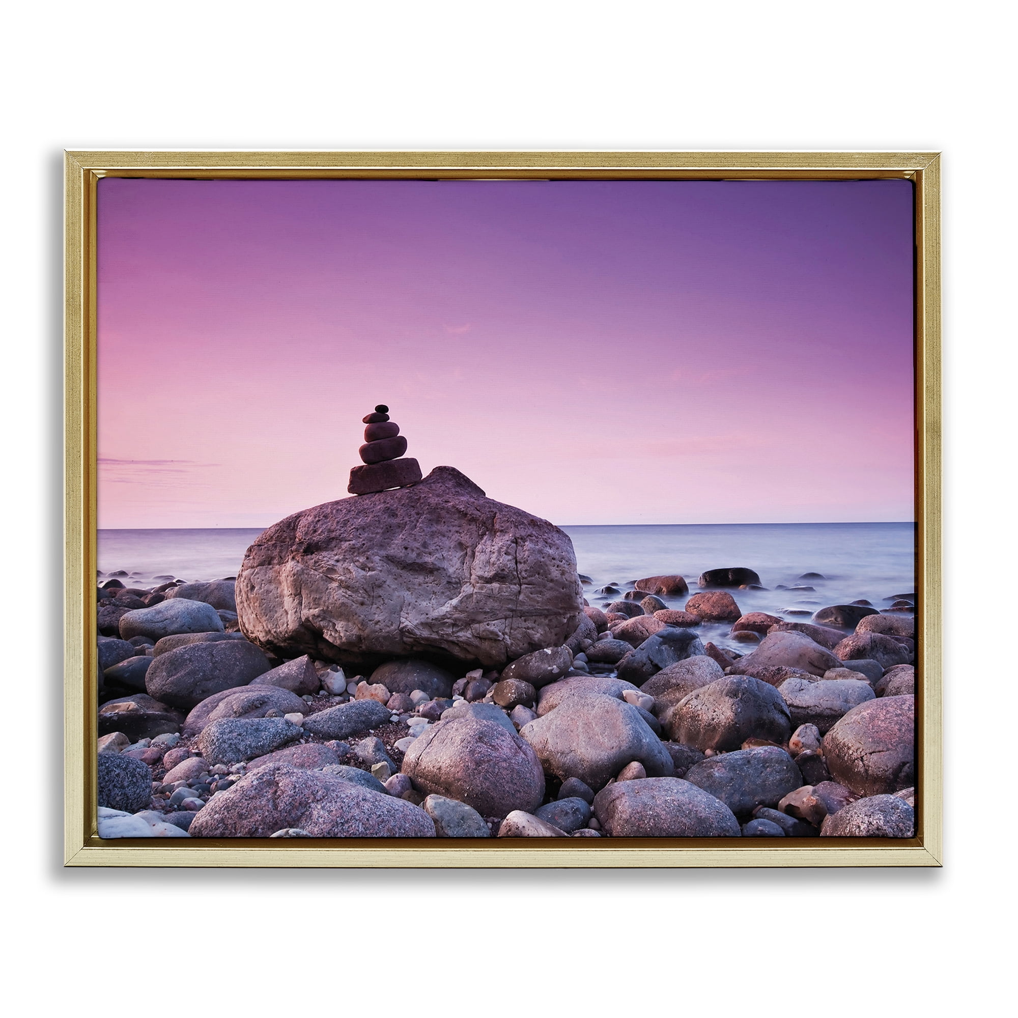 Stupell Industries Stacked Rocks on Shore Nautical & Beach Photography Gold Floater Framed Canvas Art Print Wall Art, 21 x 17