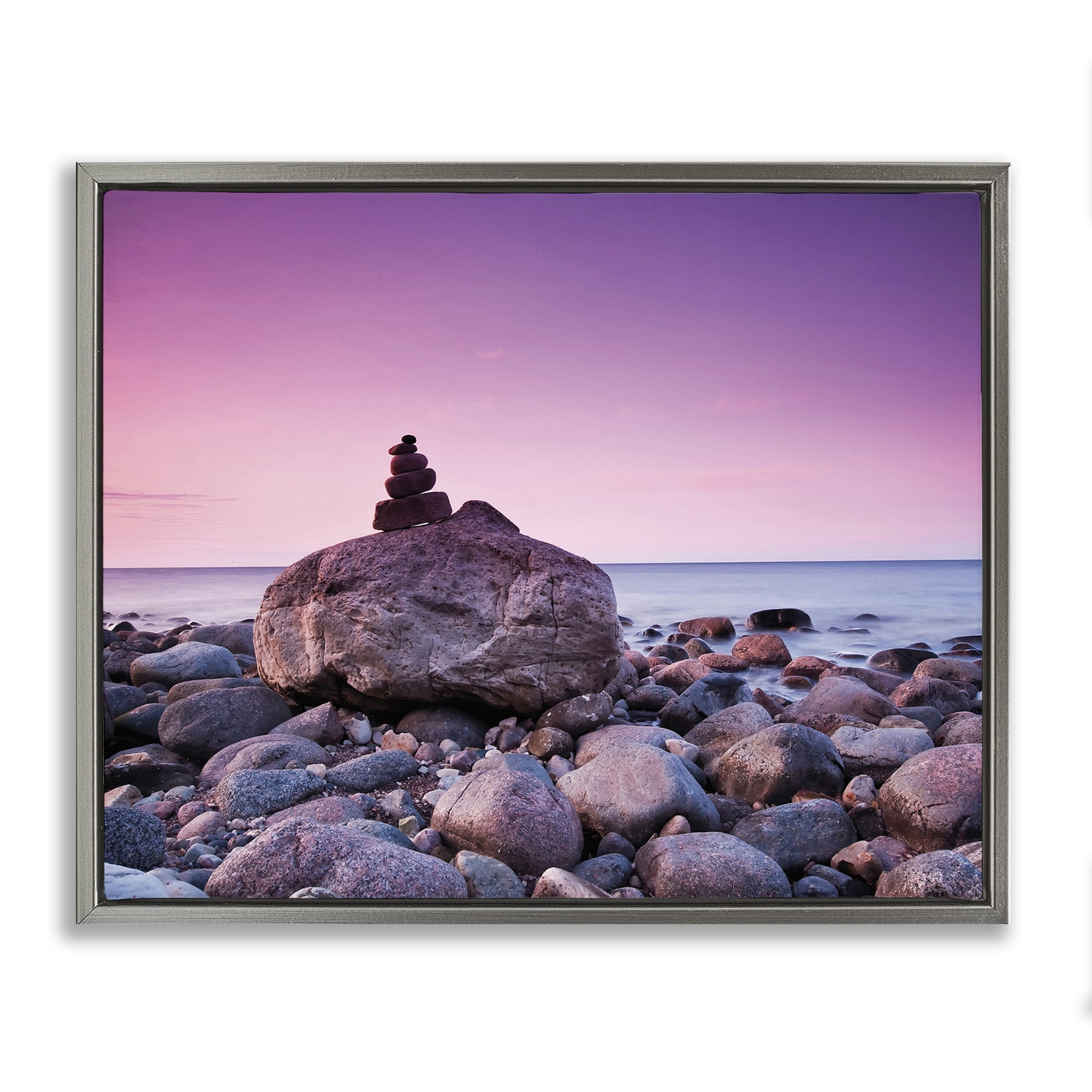 Stupell Industries Stacked Rocks on Shore Nautical & Beach Photography Gray Floater Framed Canvas Art Print Wall Art, 21 x 17