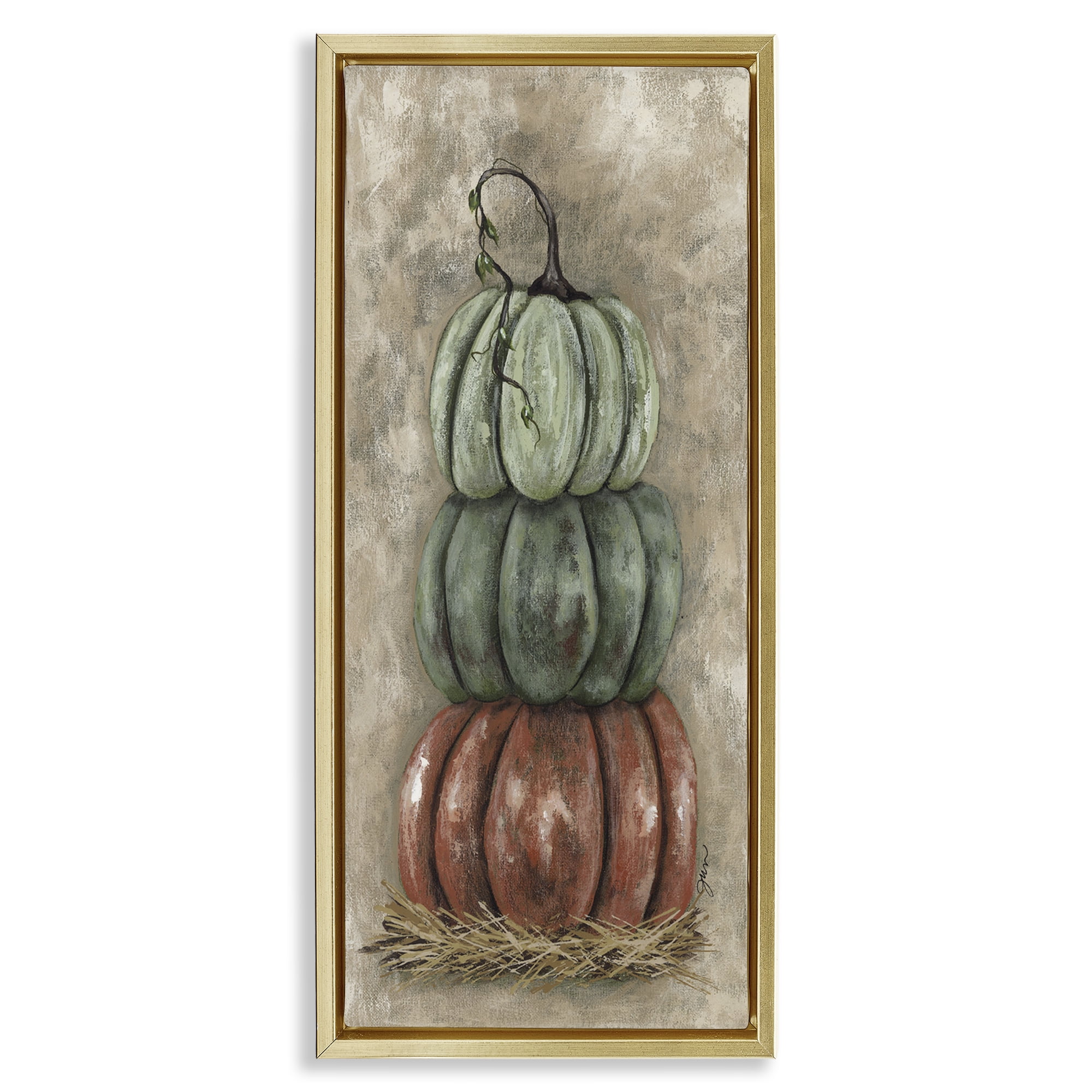 Stupell Industries Stacked Rustic Pumpkins Botanical & Floral Painting Gold Floater Framed Art Print Wall Art, 15 x 31