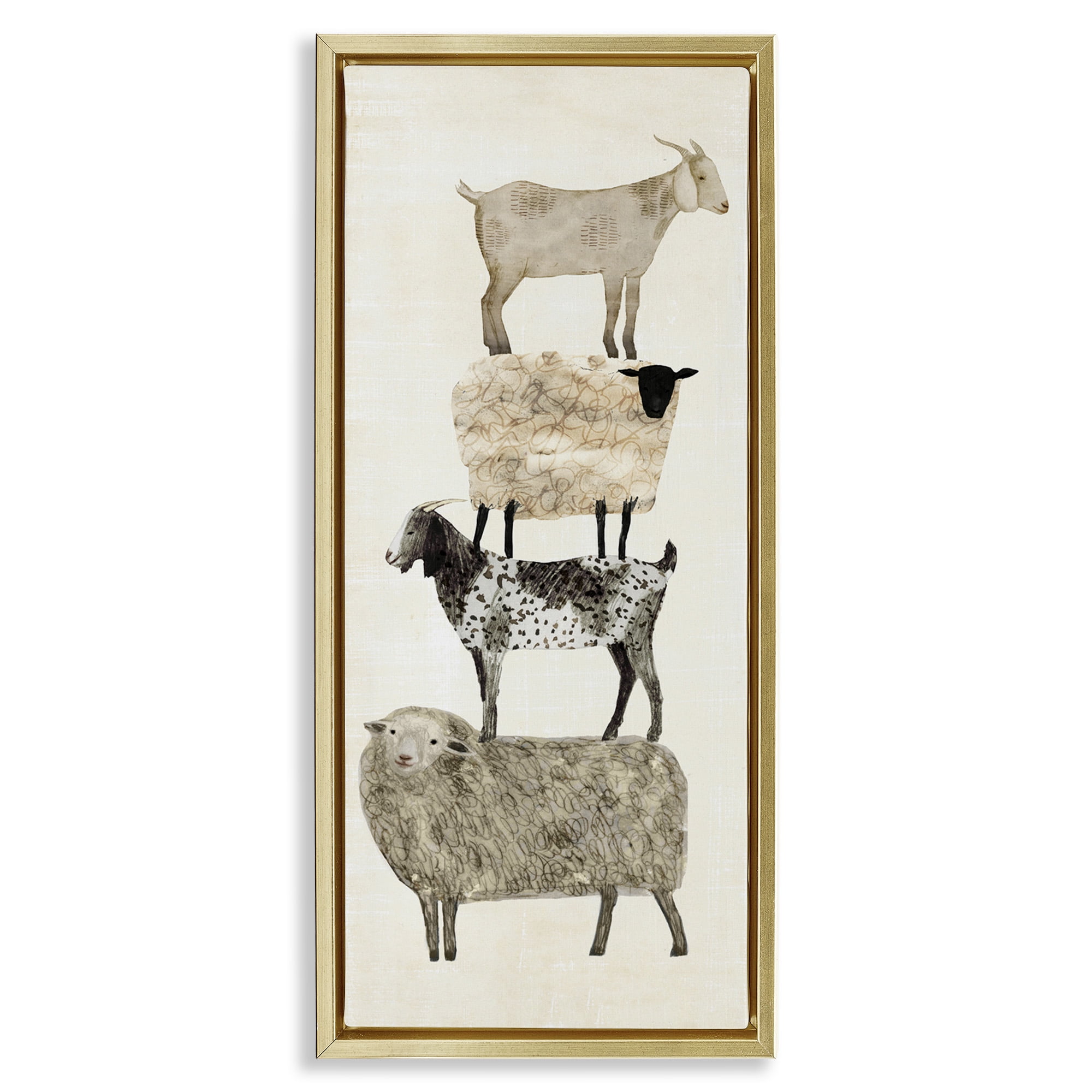 Stupell Industries Stacked Sheep & Goats Animals & Insects Painting Gold Floater Framed Canvas Art Print Wall Art, 15 x 31