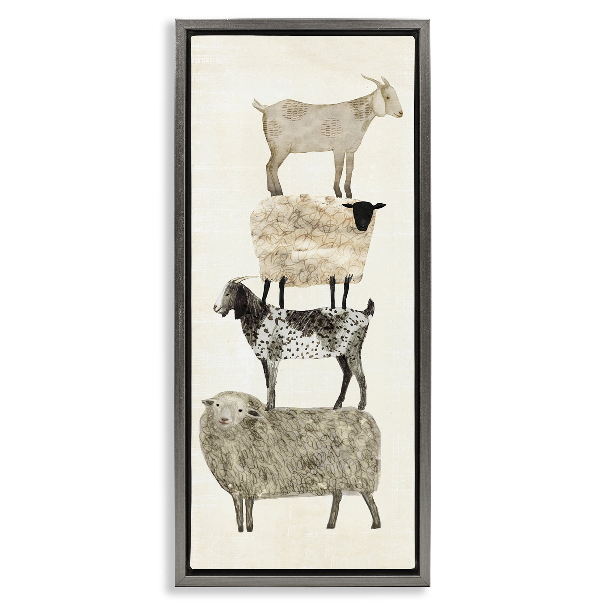 Stupell Industries Stacked Sheep & Goats Animals & Insects Painting Gray Floater Framed Canvas Art Print Wall Art, 15 x 31