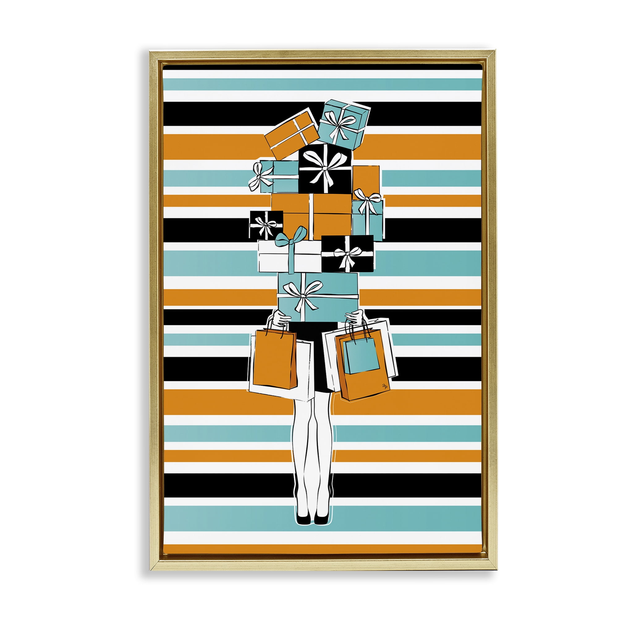 Stupell Industries Stacked Shopping Boxes Beauty & Fashion Painting Gold Floater Framed Art Print Wall Art, 21 x 31