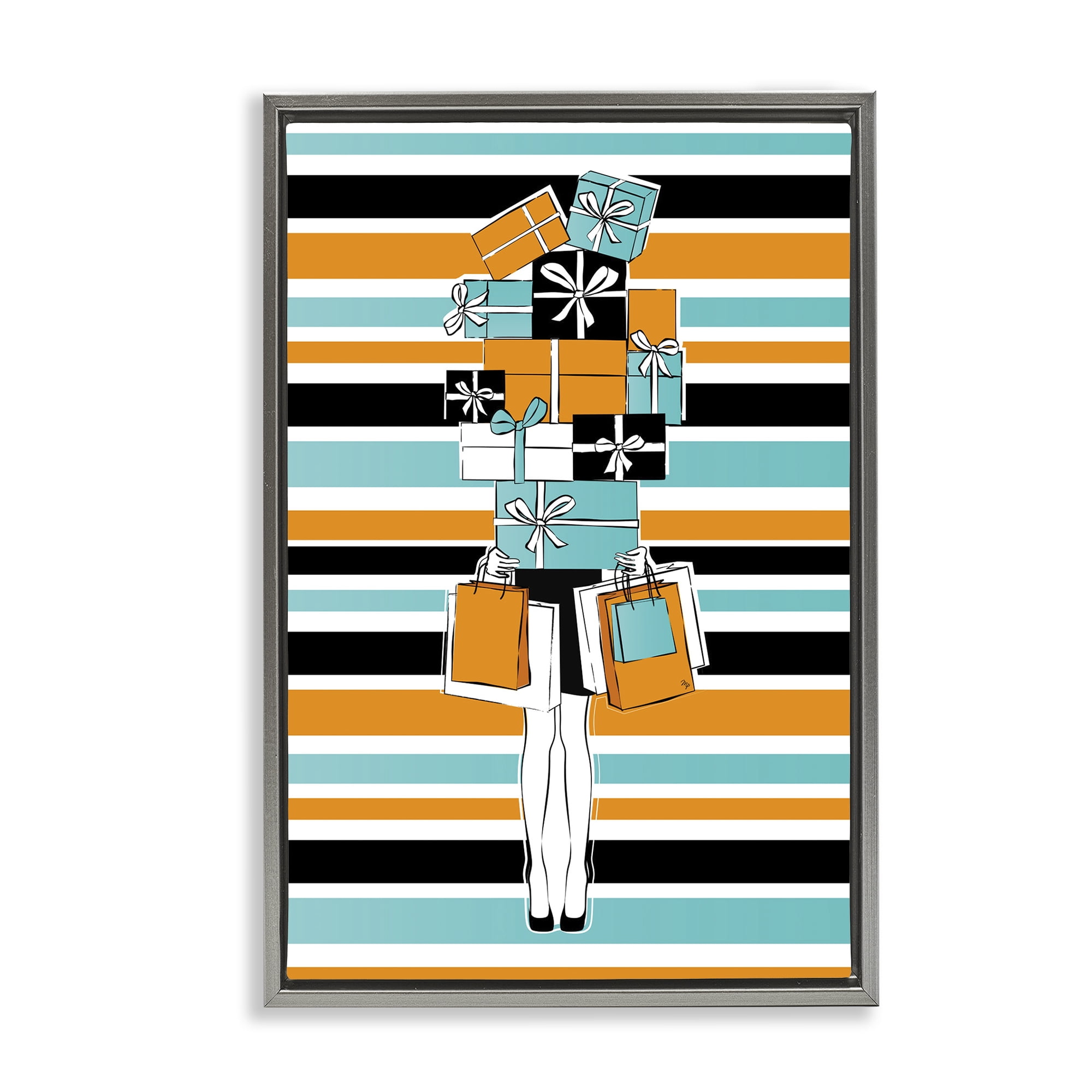 Stupell Industries Stacked Shopping Boxes Beauty & Fashion Painting Gray Floater Framed Art Print Wall Art, 17 x 25