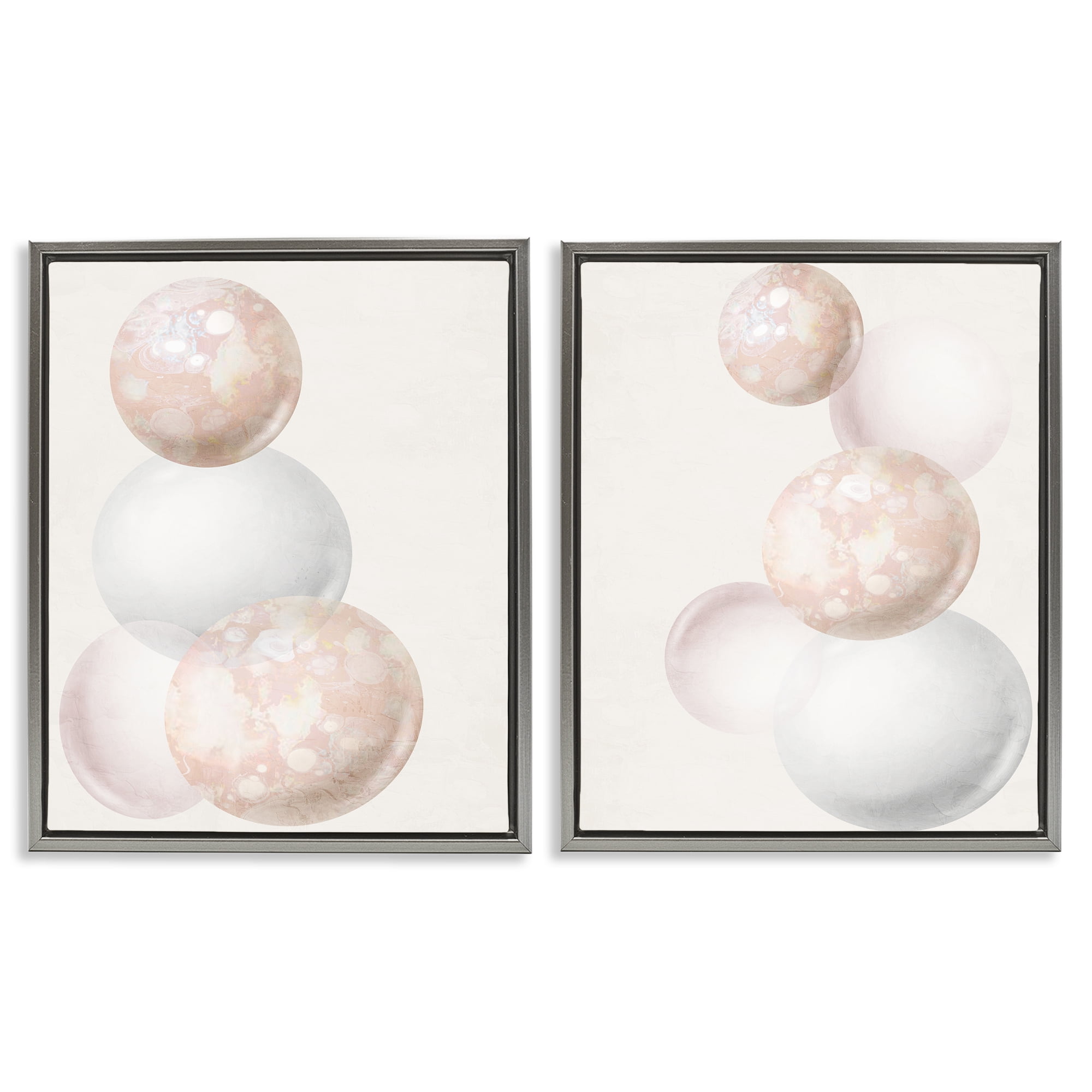 Stupell Industries Stacked Spheres Speckled Abstract Painting Gray Floater Framed Canvas Art Print Wall Art, 31 x 25, Set of 2