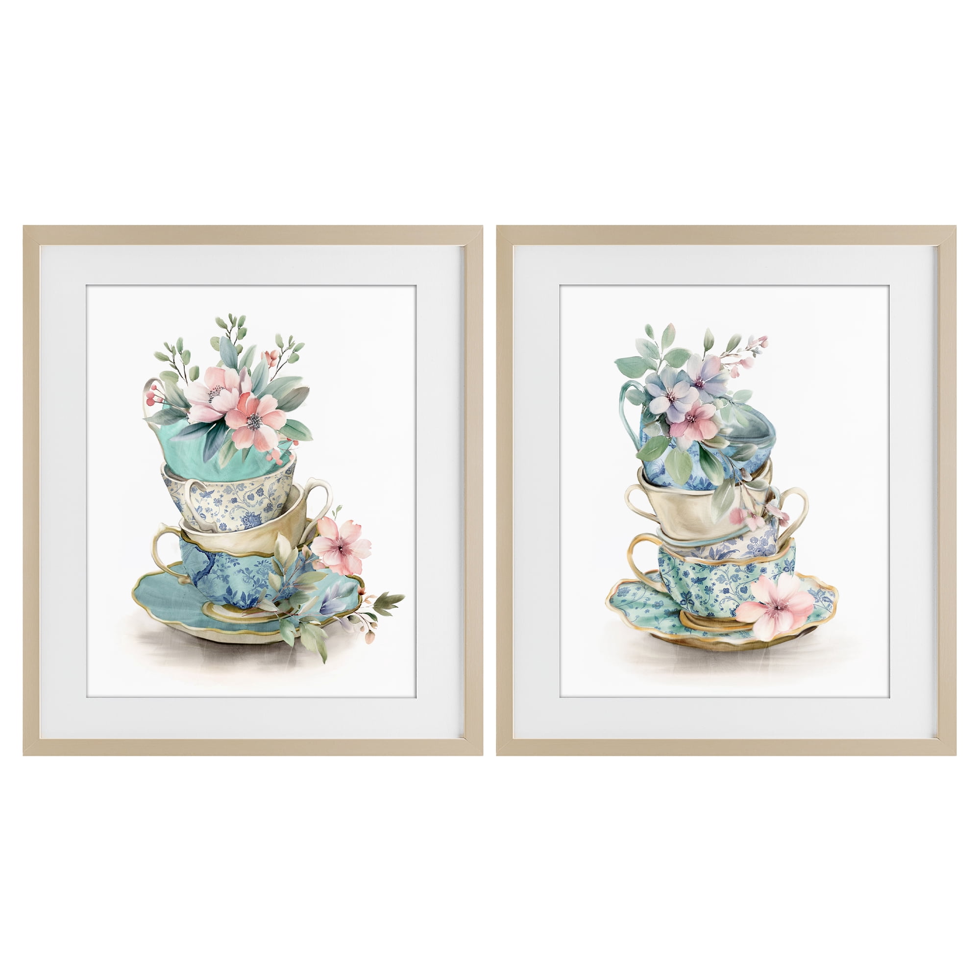 Stupell Industries Stacked Teacup Chinoiserie 2 Piece Birch Framed Print Under Glass Set, design by Kim Allen
