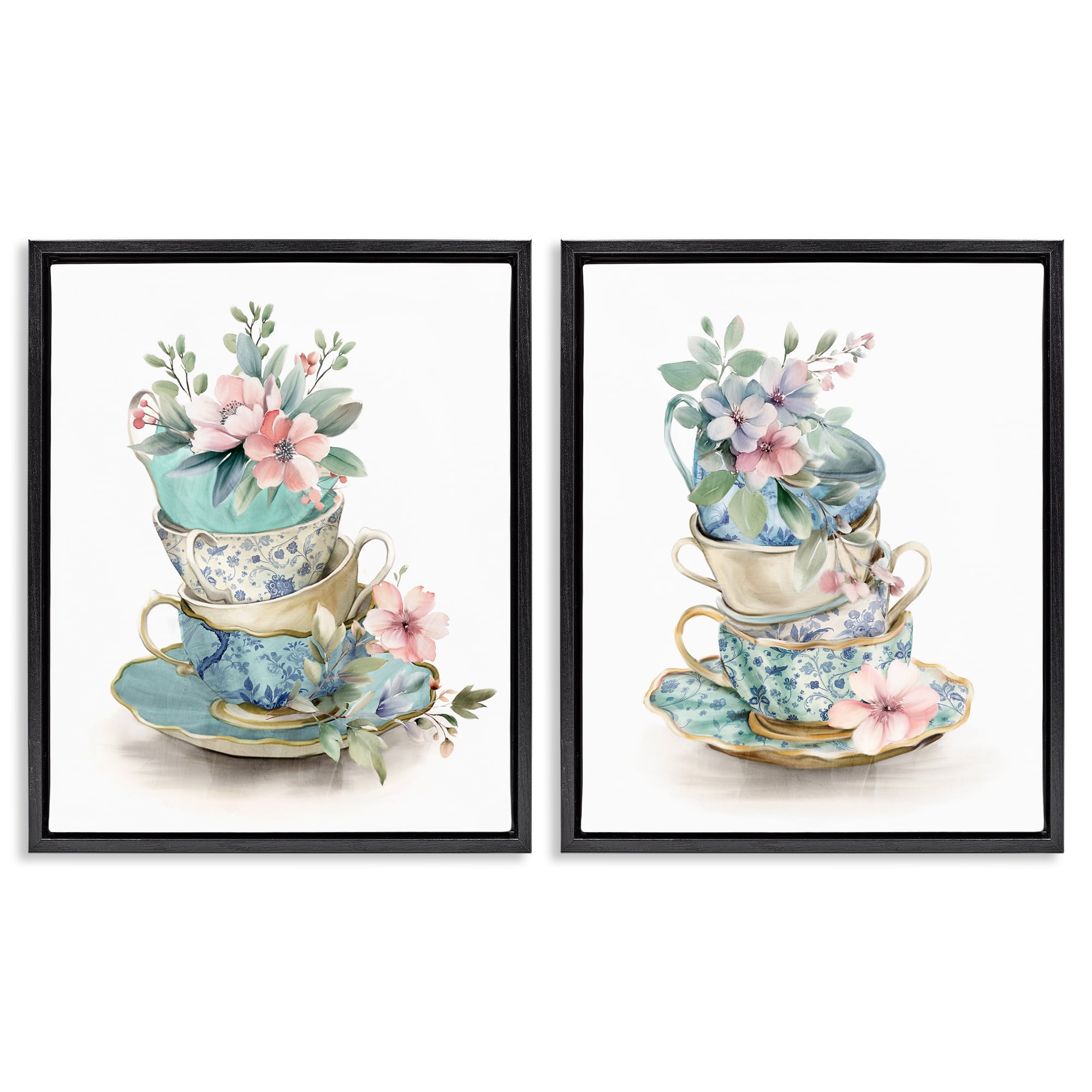 Stupell Industries Stacked Teacup Chinoiserie 2 Piece Black Framed Floater Canvas Set, design by Kim Allen