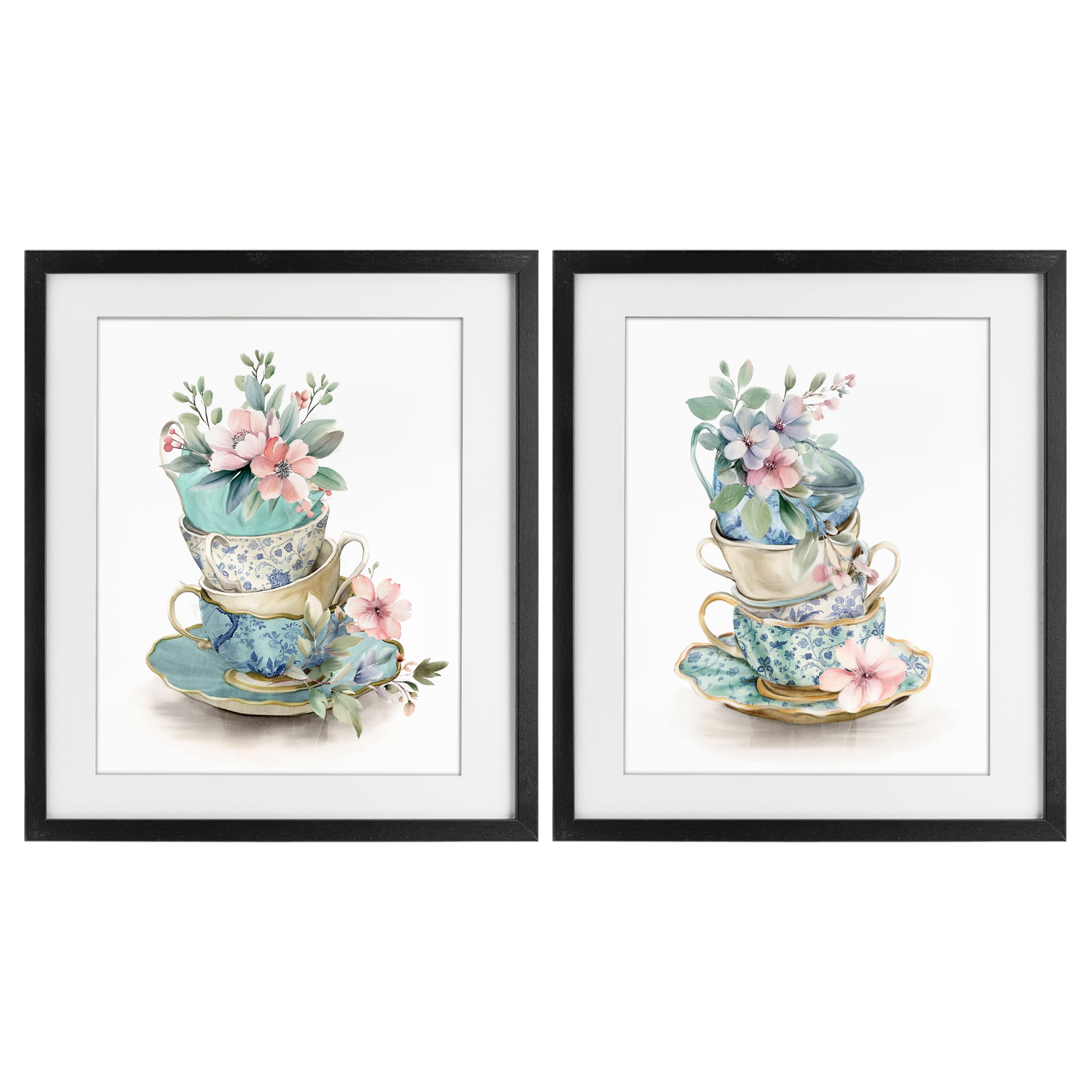Stupell Industries Stacked Teacup Chinoiserie 2 Piece Black Framed Print Under Glass Set, design by Kim Allen