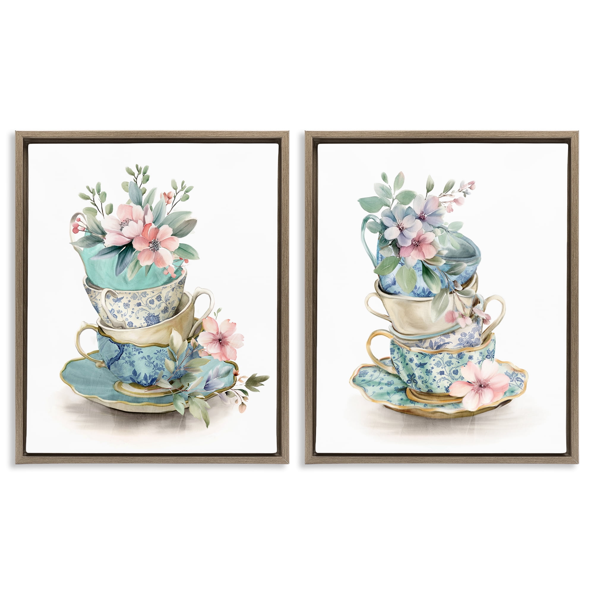 Stupell Industries Stacked Teacup Chinoiserie 2 Piece Brown Framed Floater Canvas Set, design by Kim Allen