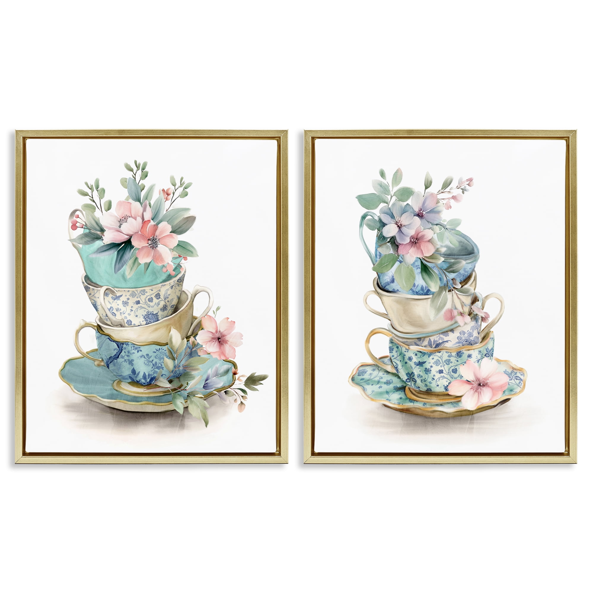 Stupell Industries Stacked Teacup Chinoiserie 2 Piece Gold Framed Floater Canvas Set, design by Kim Allen