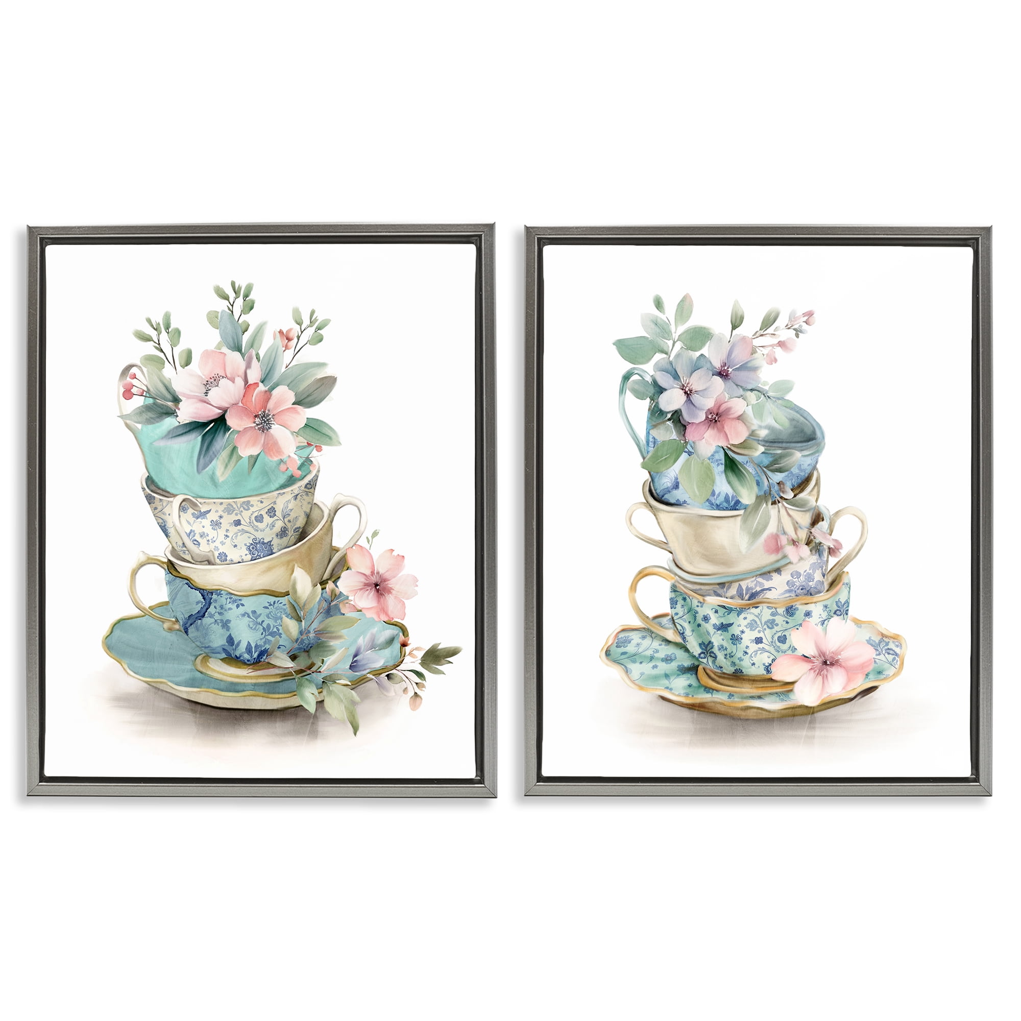 Stupell Industries Stacked Teacup Chinoiserie 2 Piece Gray Framed Floater Canvas Set, design by Kim Allen