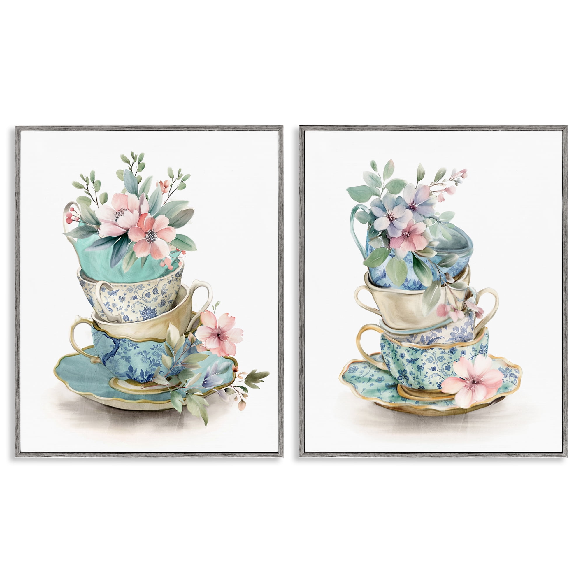 Stupell Industries Stacked Teacup Chinoiserie 2 Piece Gray Framed Giclee Art Set, design by Kim Allen