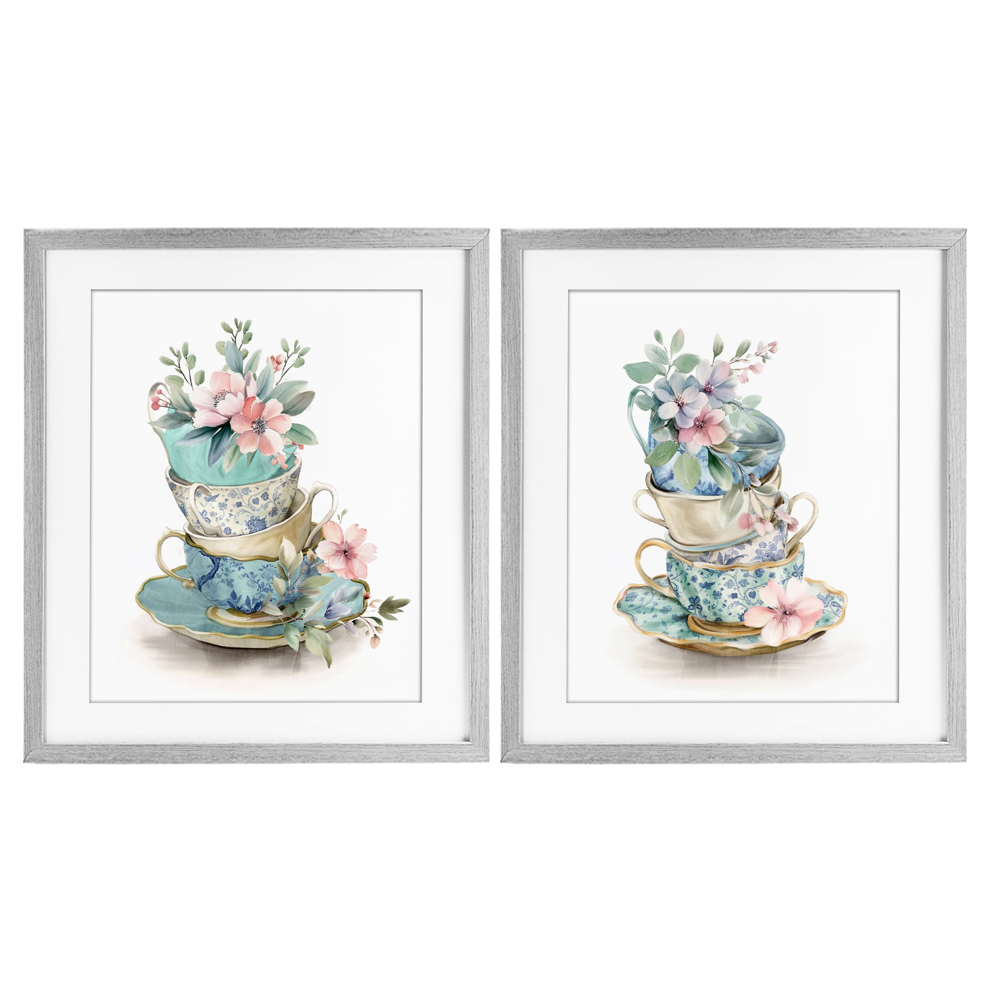 Stupell Industries Stacked Teacup Chinoiserie 2 Piece Gray Framed Print Under Glass Set, design by Kim Allen