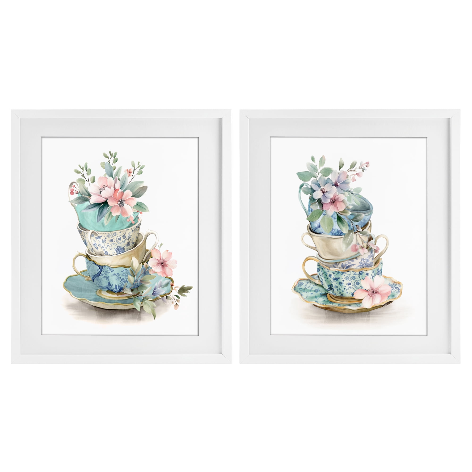 Stupell Industries Stacked Teacup Chinoiserie 2 Piece White Framed Print Under Glass Set, design by Kim Allen