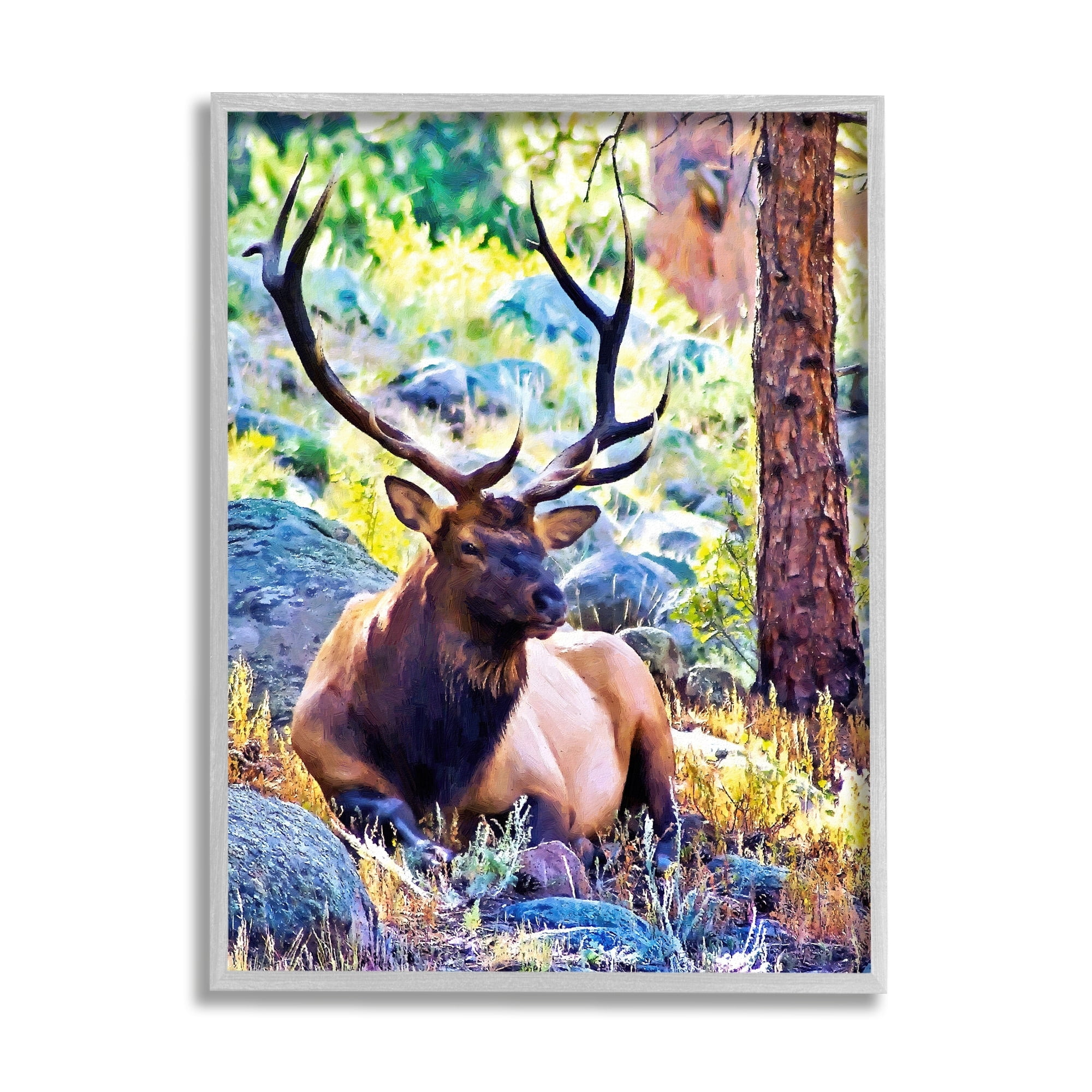 Stupell Industries Stag Deer Resting Amid Forest Trees Natural Wildlife Graphic Art Gray Framed Art Print Wall Art, Design by Alpenglow Workshop