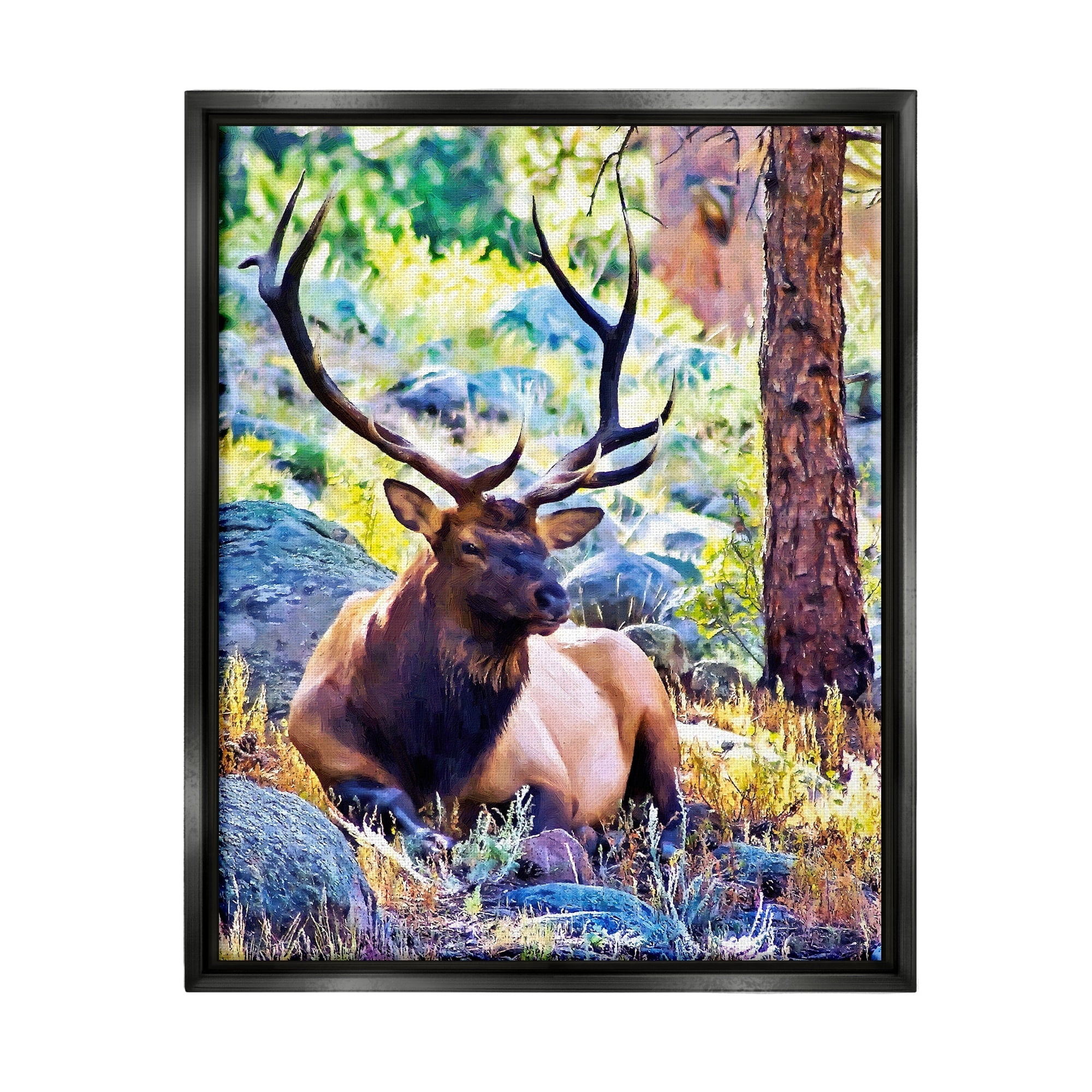 Stupell Industries Stag Deer Resting Amid Forest Trees Natural Wildlife Graphic Art Jet Black Floating Framed Canvas Print Wall Art, Design by Alpenglow Workshop