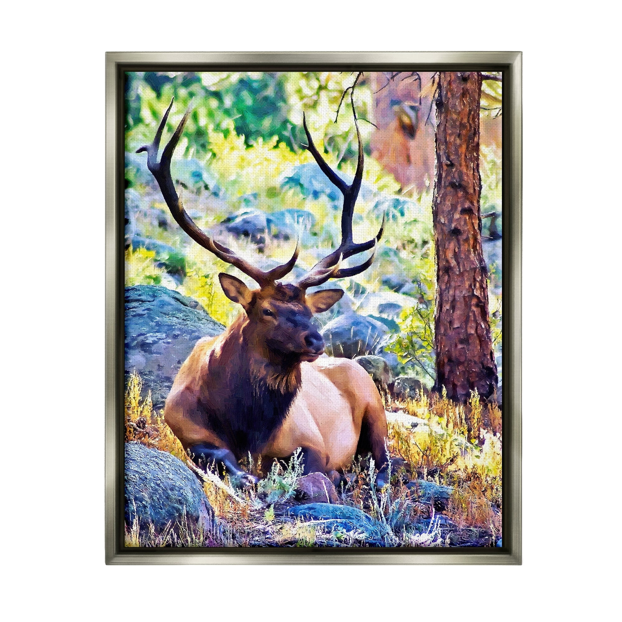 Stupell Industries Stag Deer Resting Amid Forest Trees Natural Wildlife Graphic Art Luster Gray Floating Framed Canvas Print Wall Art, Design by Alpenglow Workshop