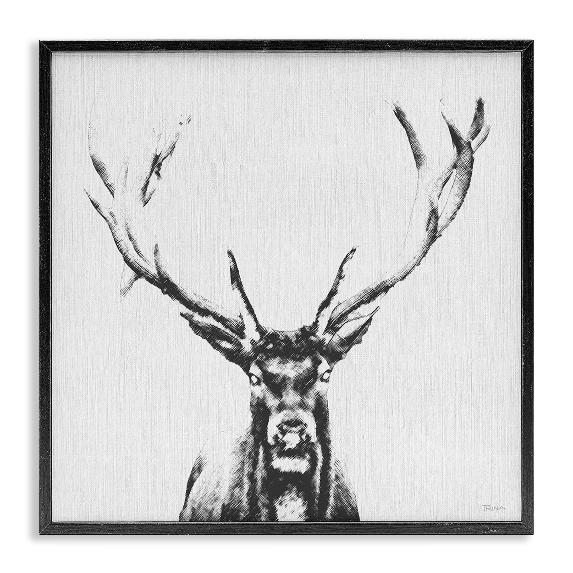 Stupell Industries Stag Sketch in Grey Animals Painting Black Framed Art Print Wall Art, 17 x 17