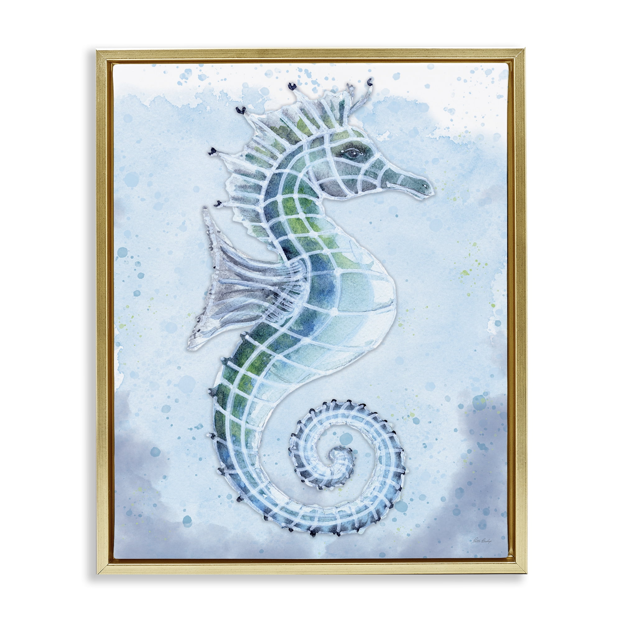 Stupell Industries Stained Glass Seahorse Nautical & Beach Painting Gold Floater Framed Canvas Art Print Wall Art, 17 x 21