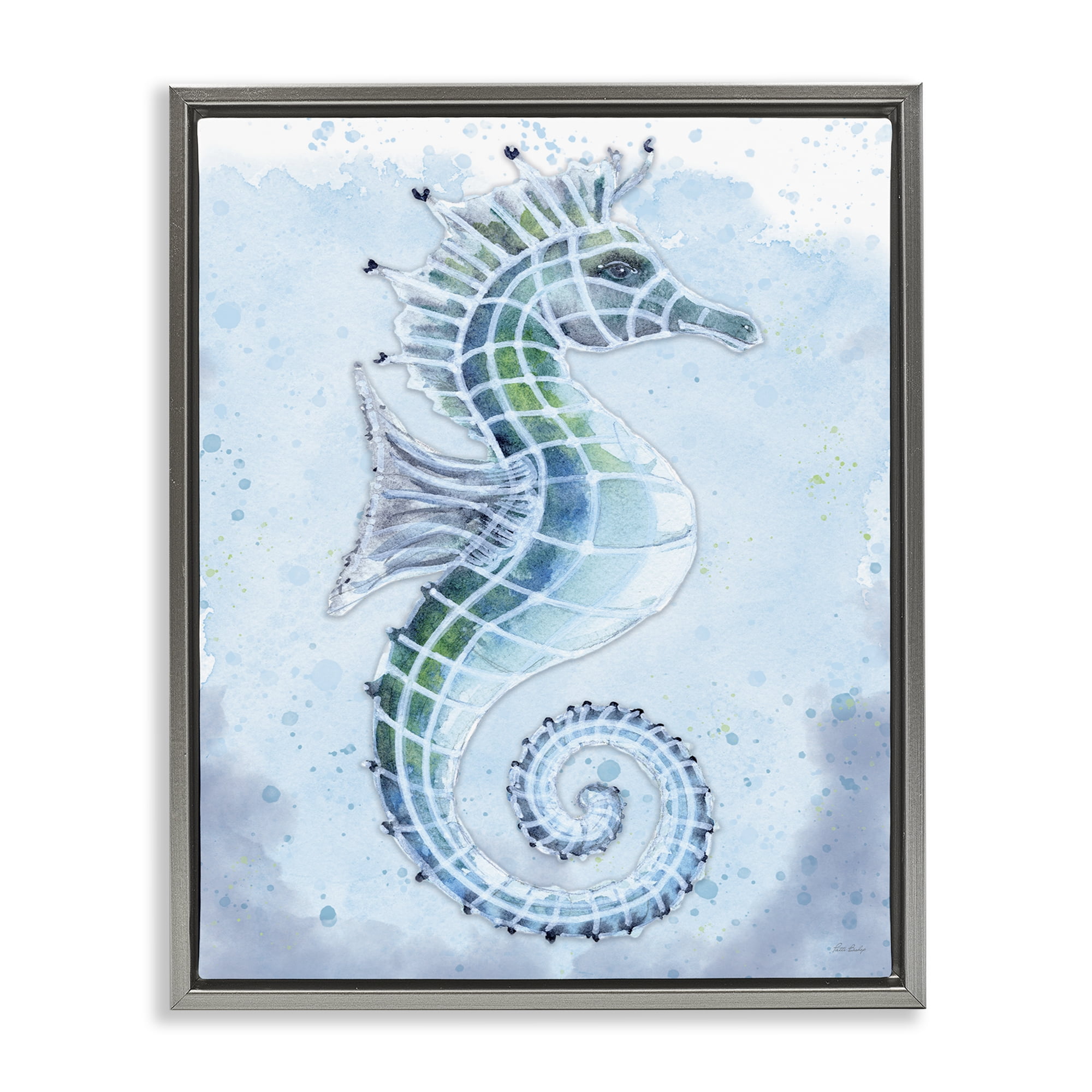 Stupell Industries Stained Glass Seahorse Nautical & Beach Painting Gray Floater Framed Canvas Art Print Wall Art, 17 x 21