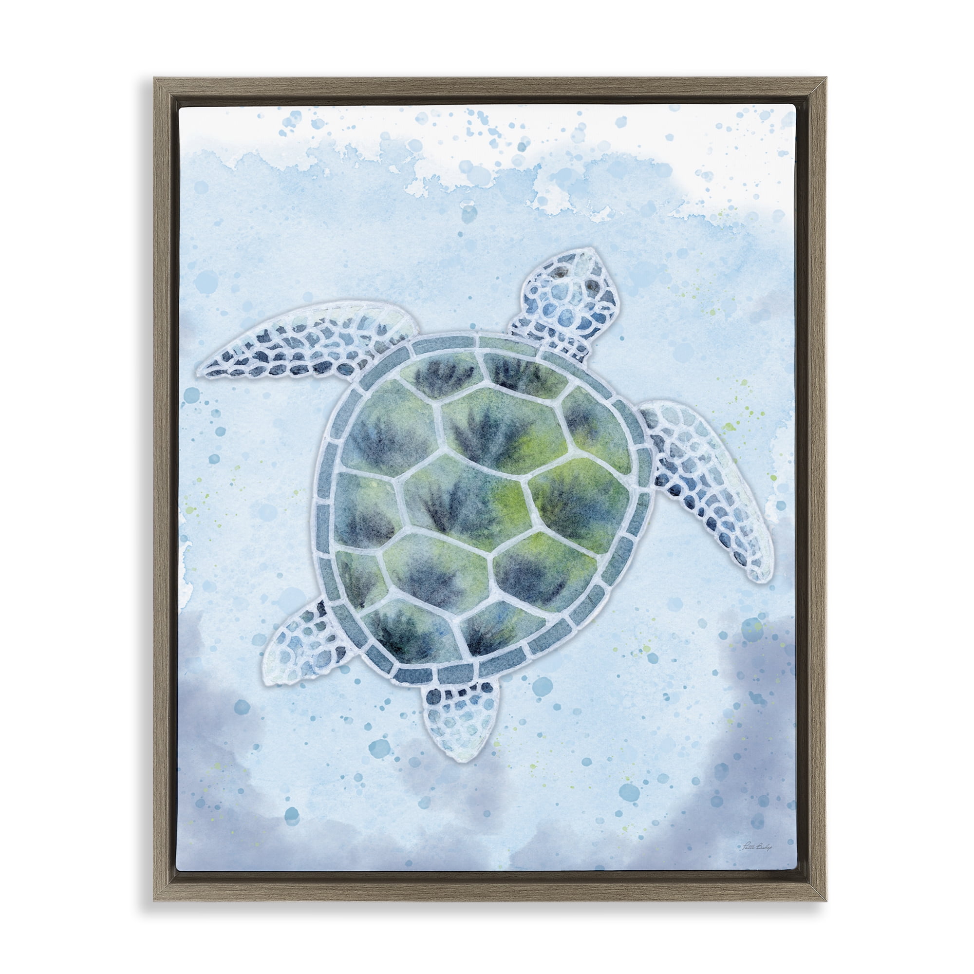 Stupell Industries Stained Glass Turtle Nautical & Beach Painting Brown Floater Framed Canvas Art Print Wall Art, 17 x 21