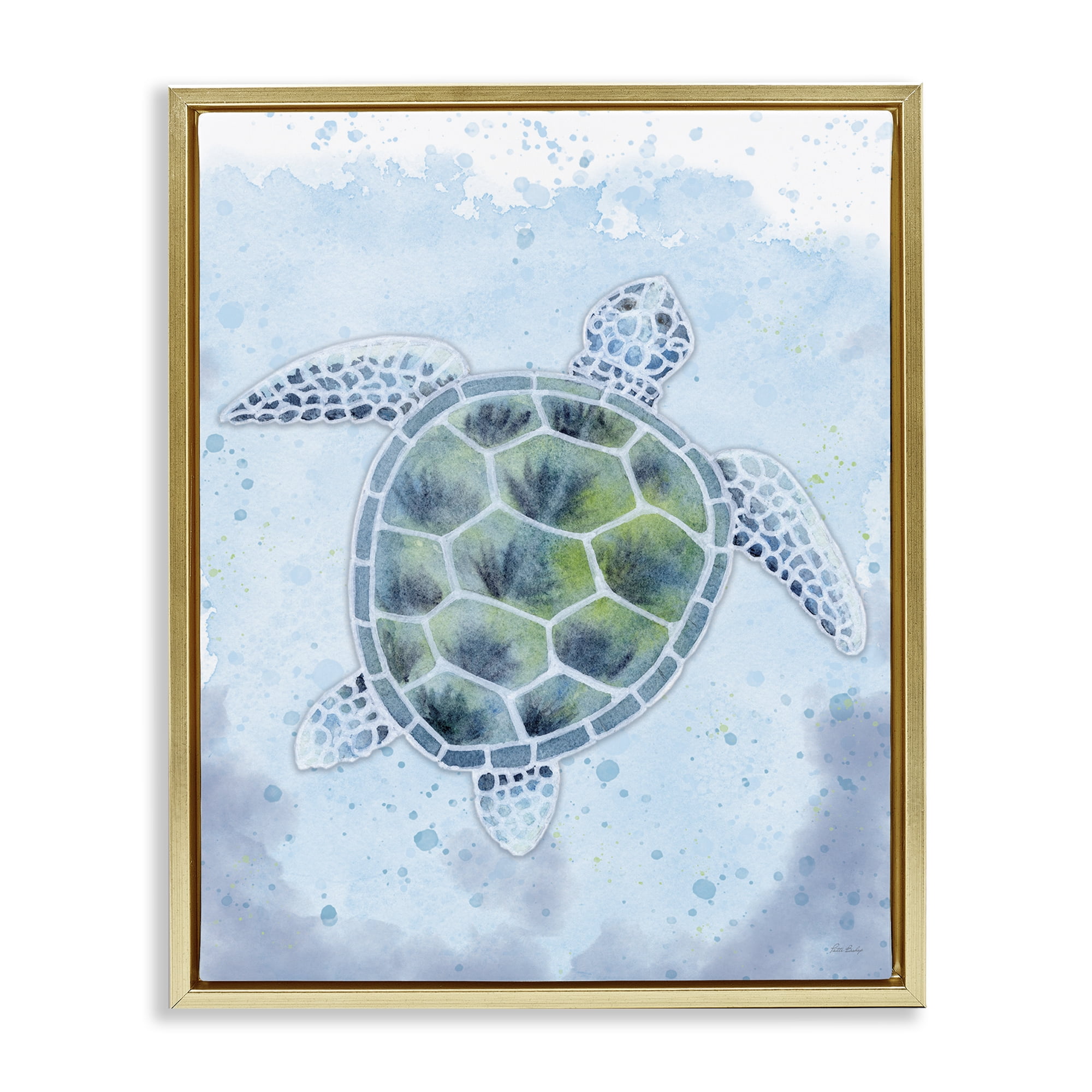 Stupell Industries Stained Glass Turtle Nautical & Beach Painting Gold Floater Framed Canvas Art Print Wall Art, 17 x 21