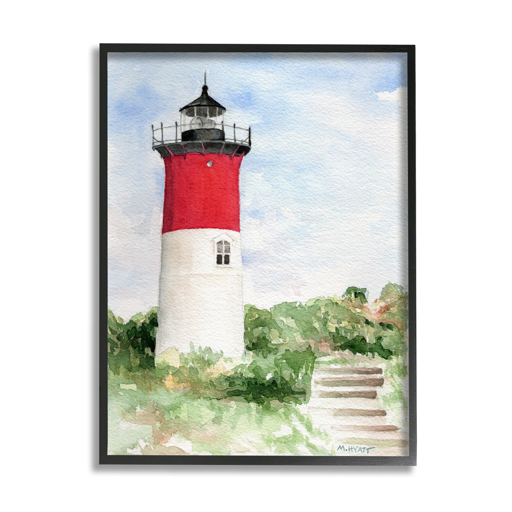 Stupell Industries Stairs Leading to Nauset Lighthouse Green Cliffside Black Framed, 11 x 14, Design by Melissa Hyatt LLC