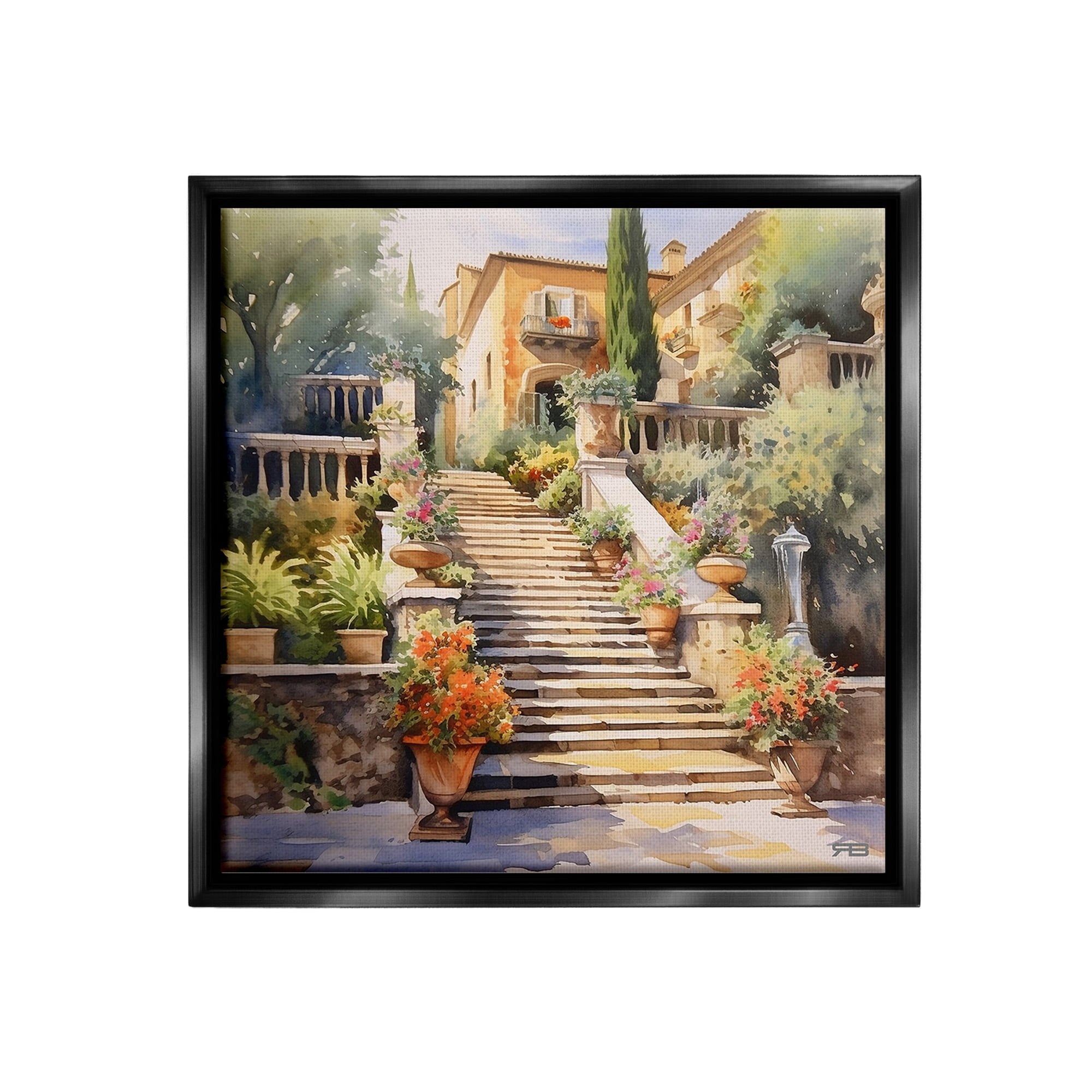 Stupell Industries Stairs to European Villa Botanical & Floral Painting Black Floater Framed Canvas Art Print Wall Art, 25 x 25
