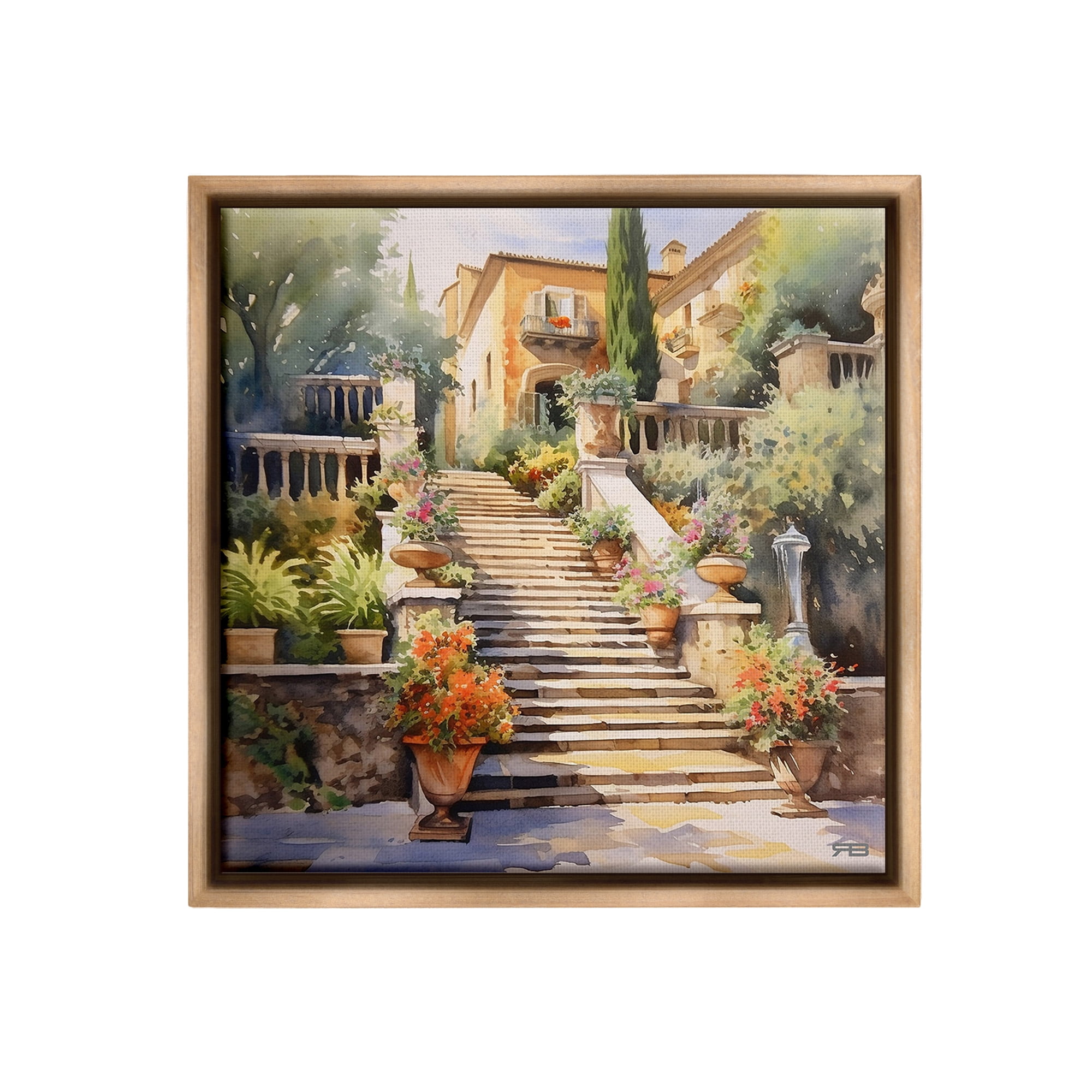 Stupell Industries Stairs to European Villa Botanical & Floral Painting Brown Floater Framed Canvas Art Print Wall Art, 25 x 25