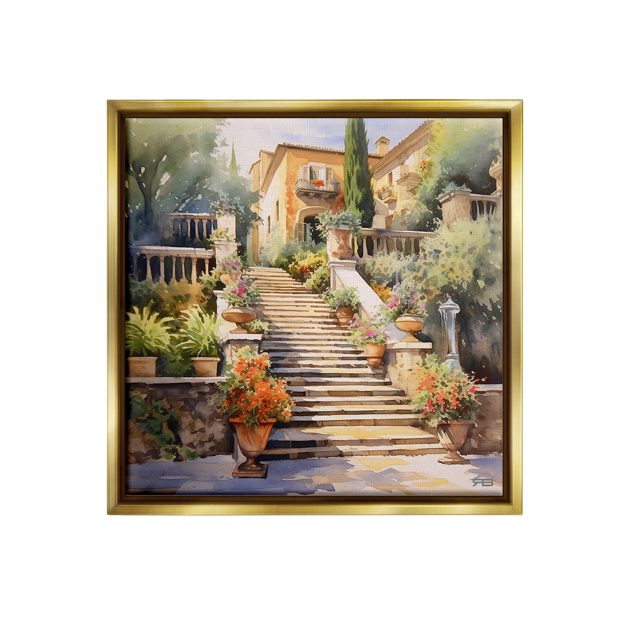 Stupell Industries Stairs to European Villa Botanical & Floral Painting Gold Floater Framed Canvas Art Print Wall Art, 25 x 25