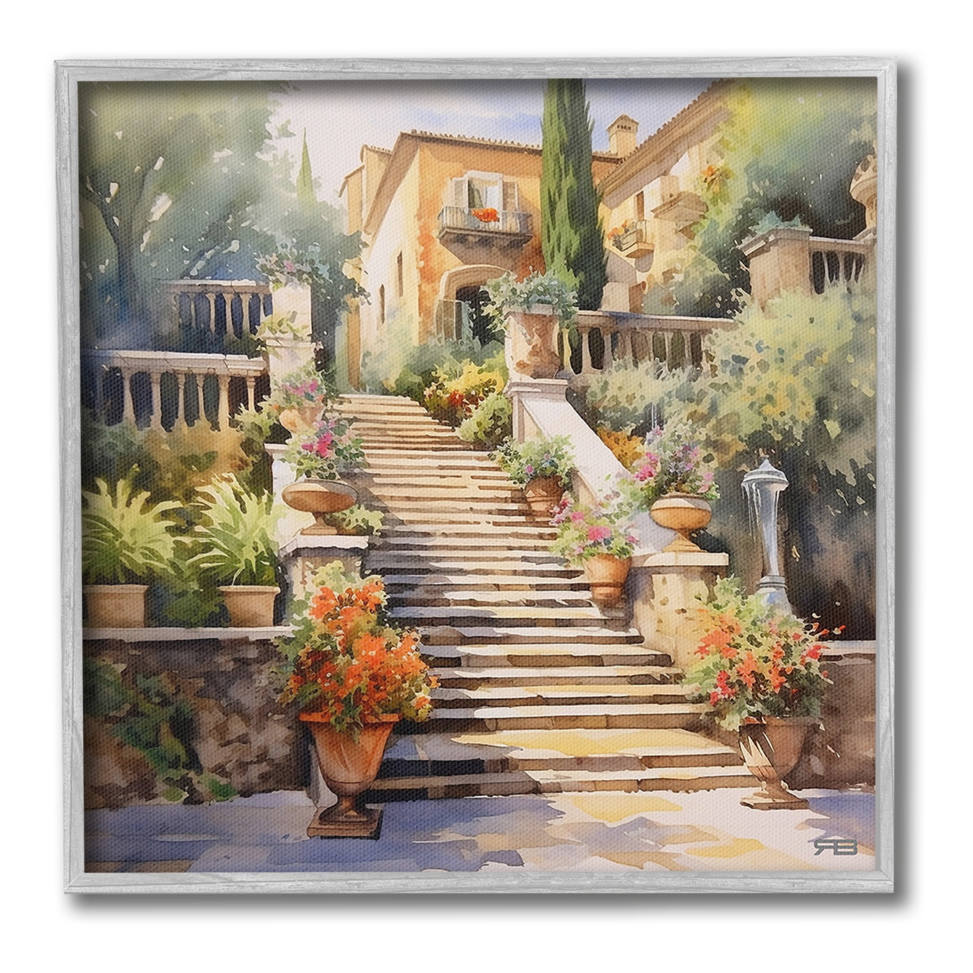 Stupell Industries Stairs to European Villa Botanical & Floral Painting Gray Framed Art Print Wall Art, 12 x 12
