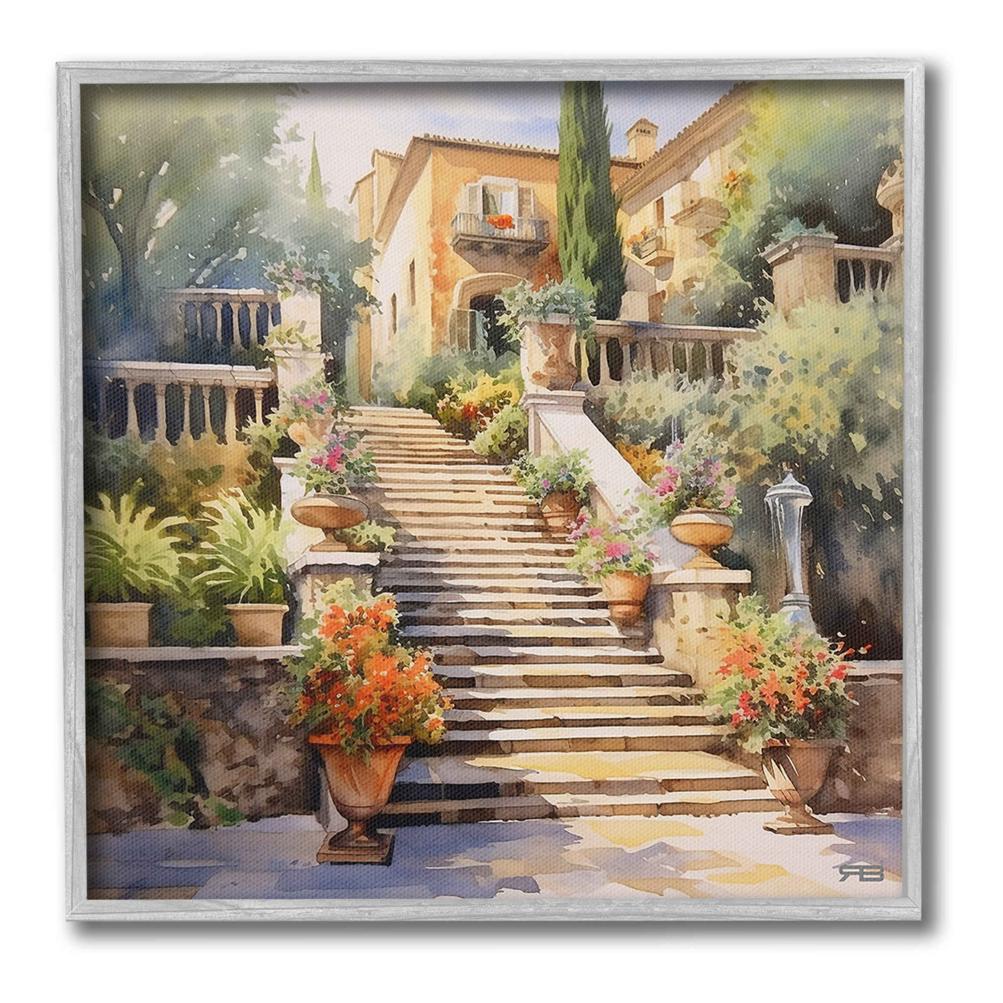Stupell Industries Stairs to European Villa Botanical & Floral Painting Gray Framed Art Print Wall Art, 17 x 17